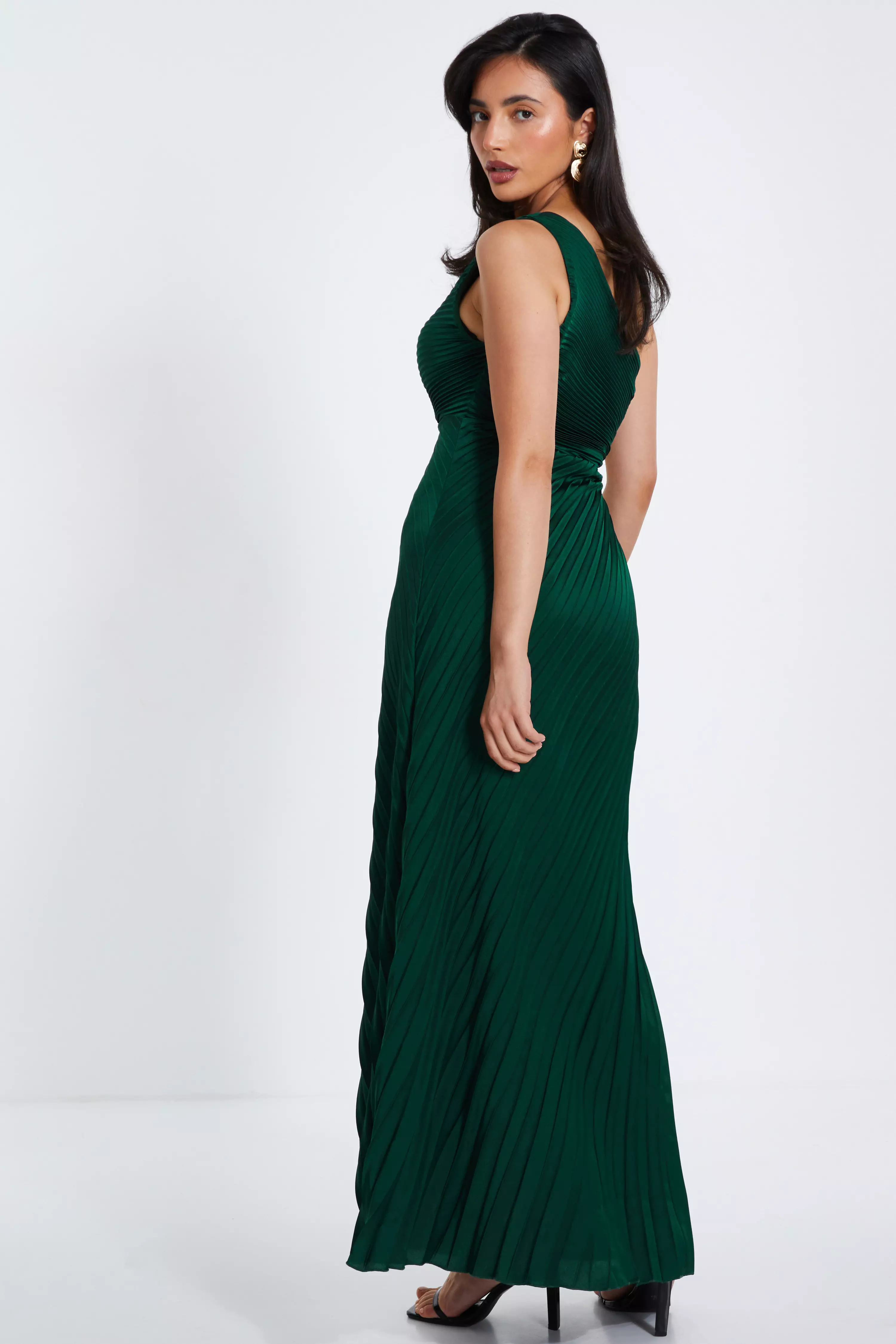 Dark Green Satin Pleated One Shoulder Maxi Dress