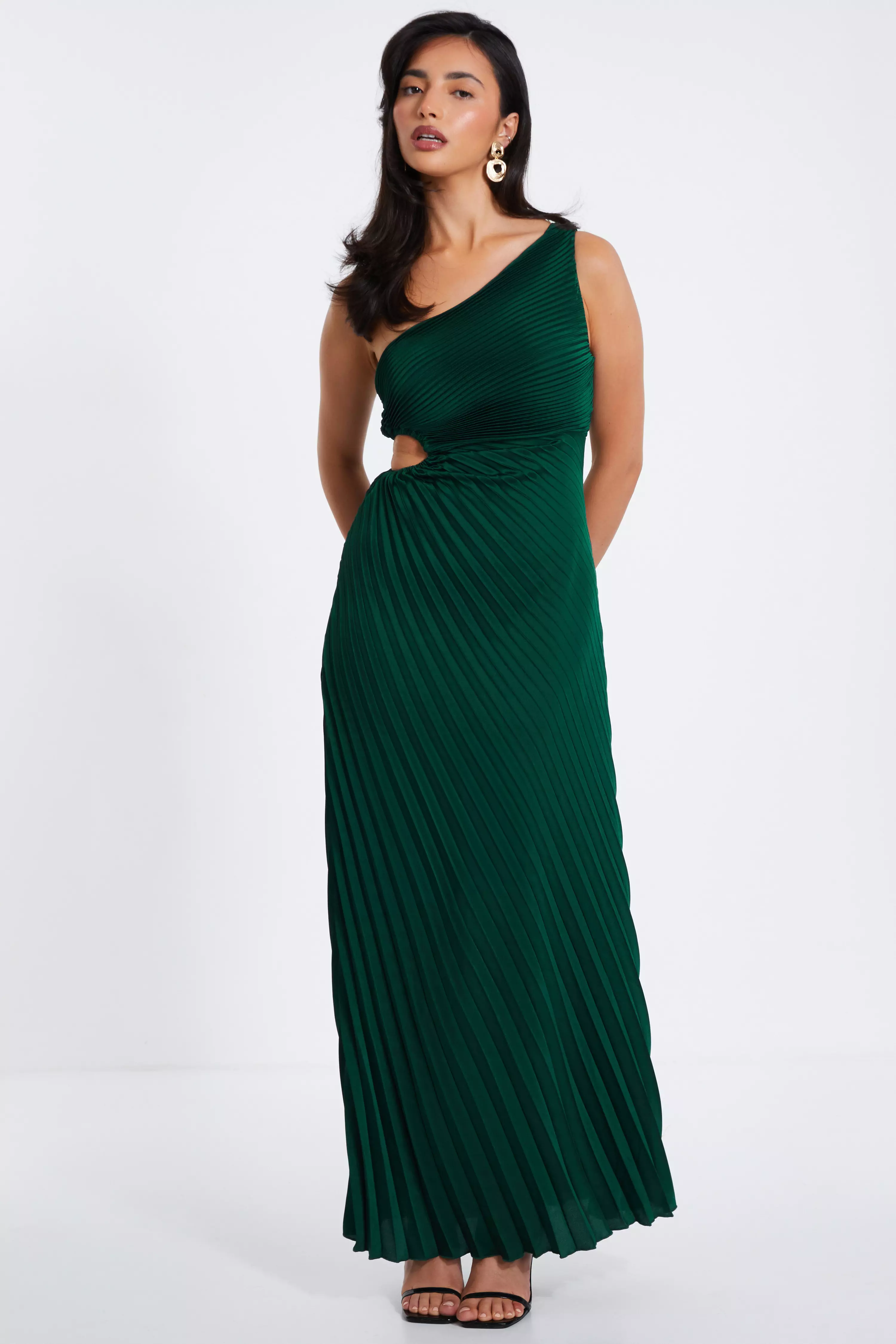 Dark Green Satin Pleated One Shoulder Maxi Dress