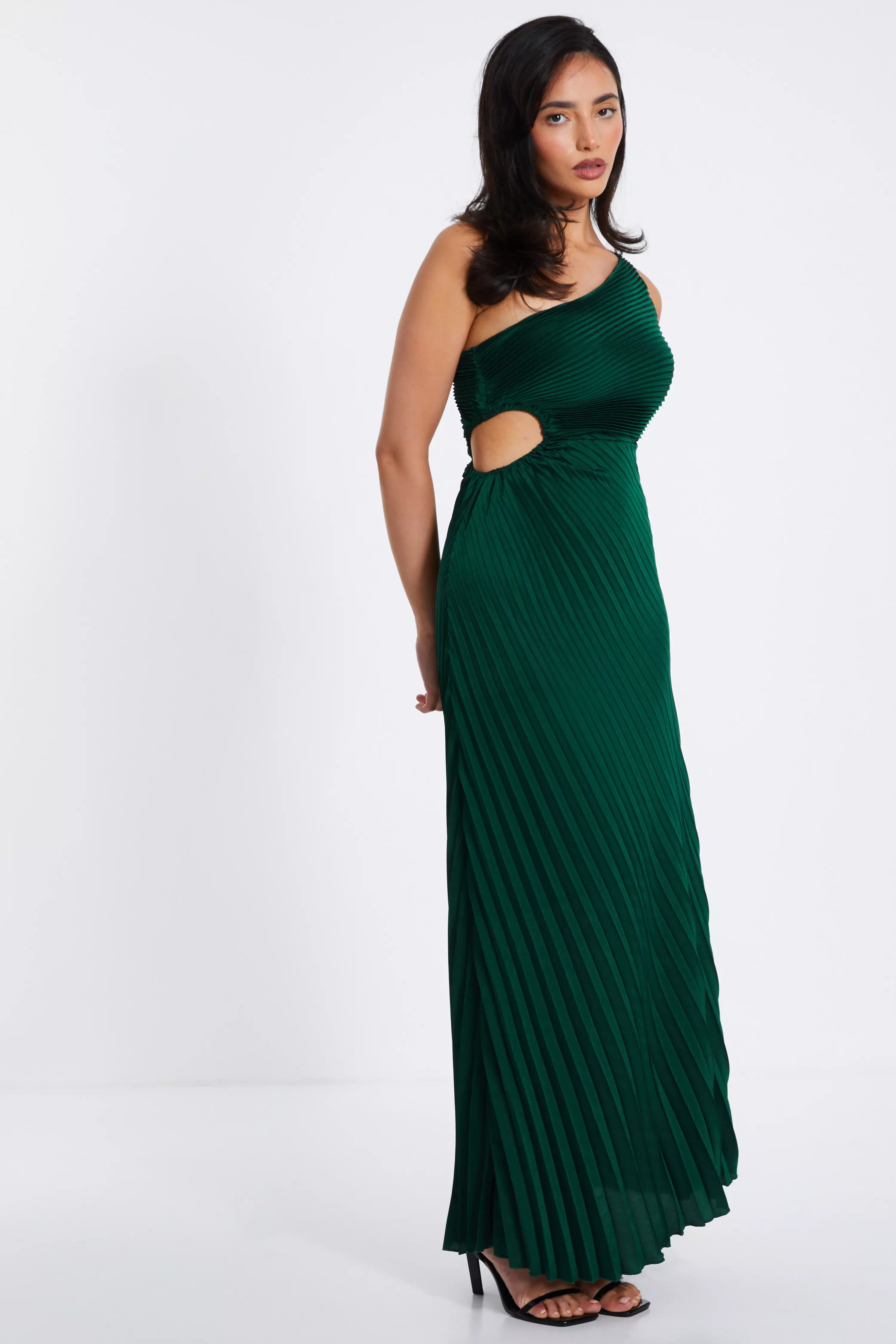 Dark Green Satin Pleated Maxi Dress