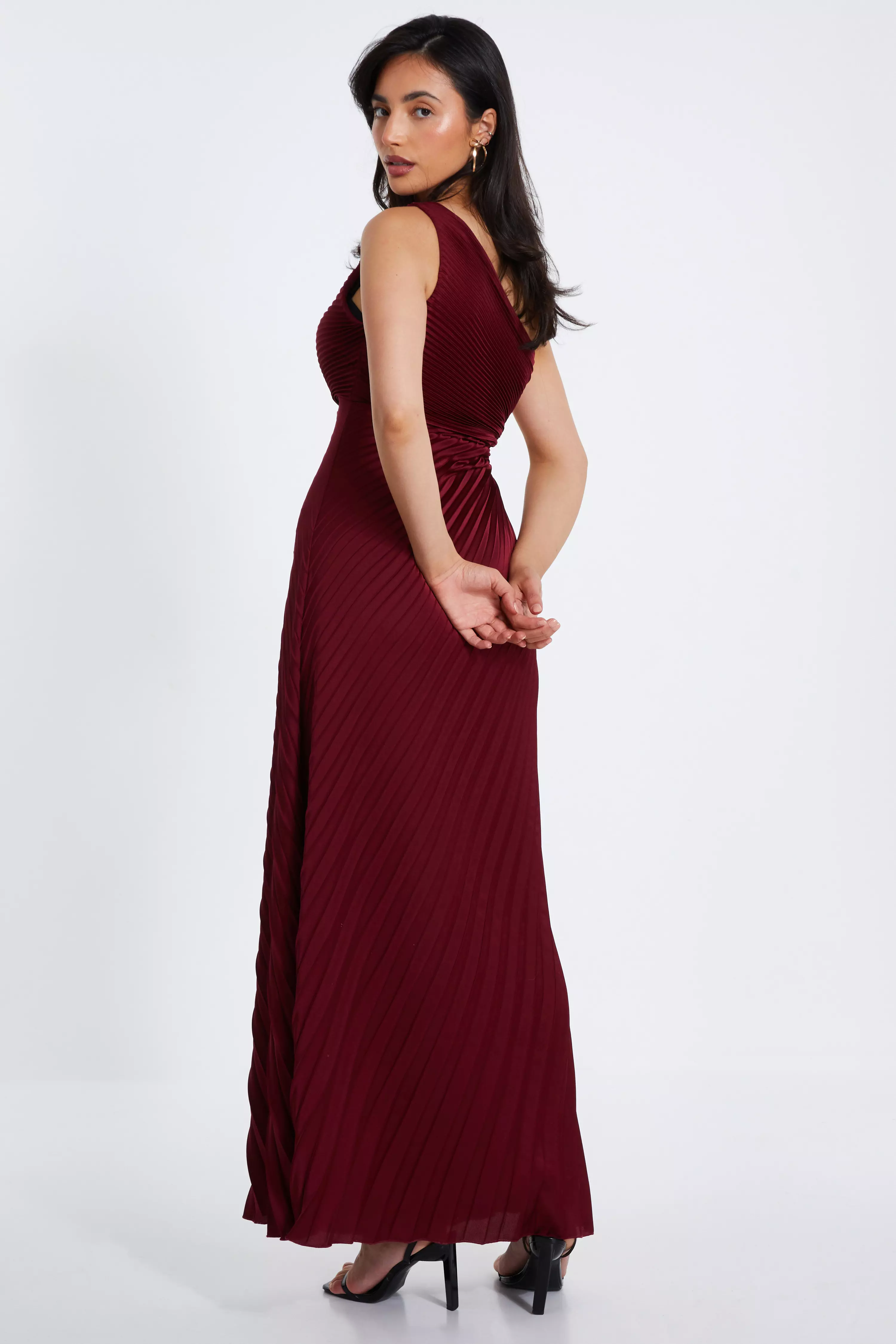 Dark Red Satin Pleated Maxi Dress