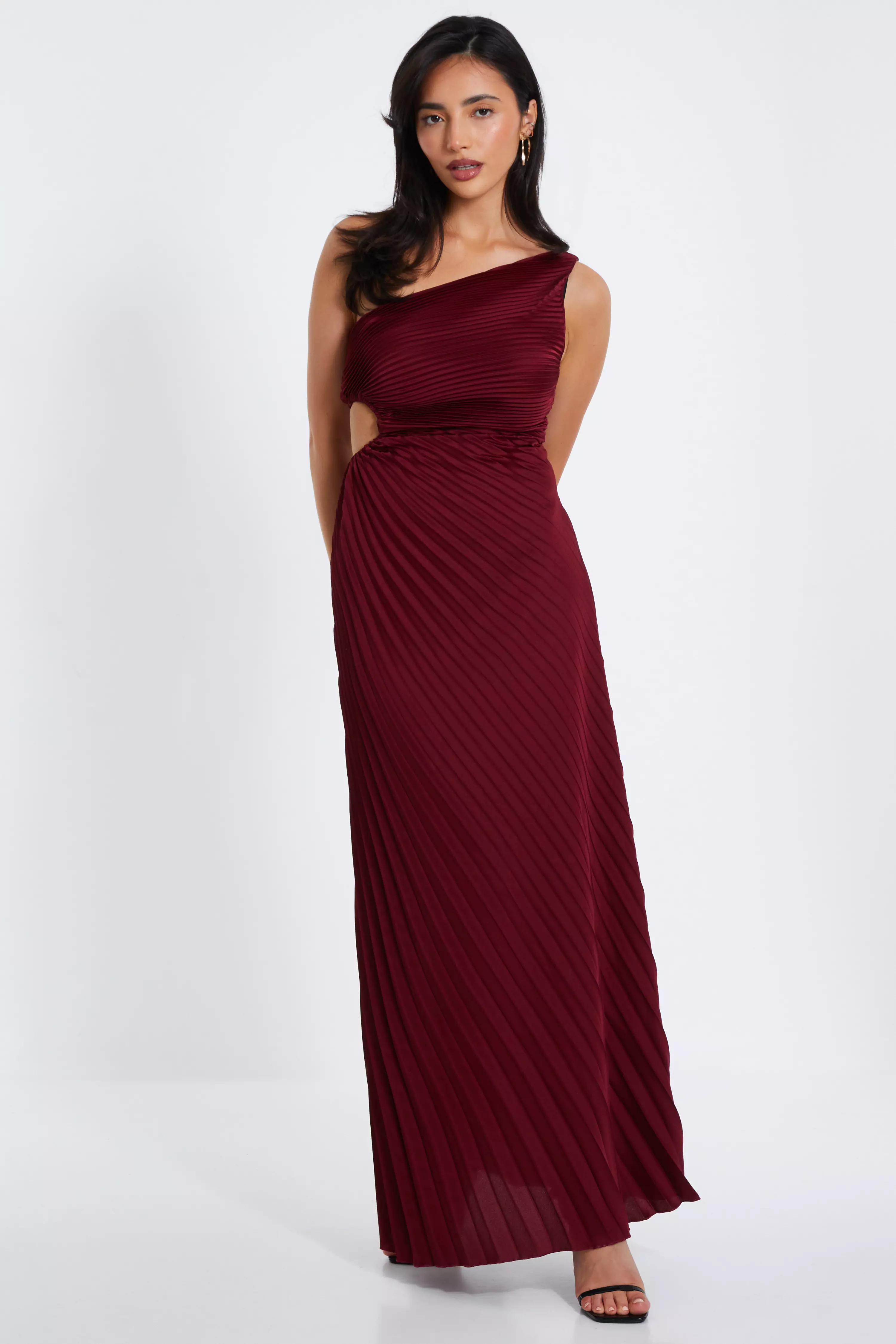 Dark Red Satin Pleated Maxi Dress