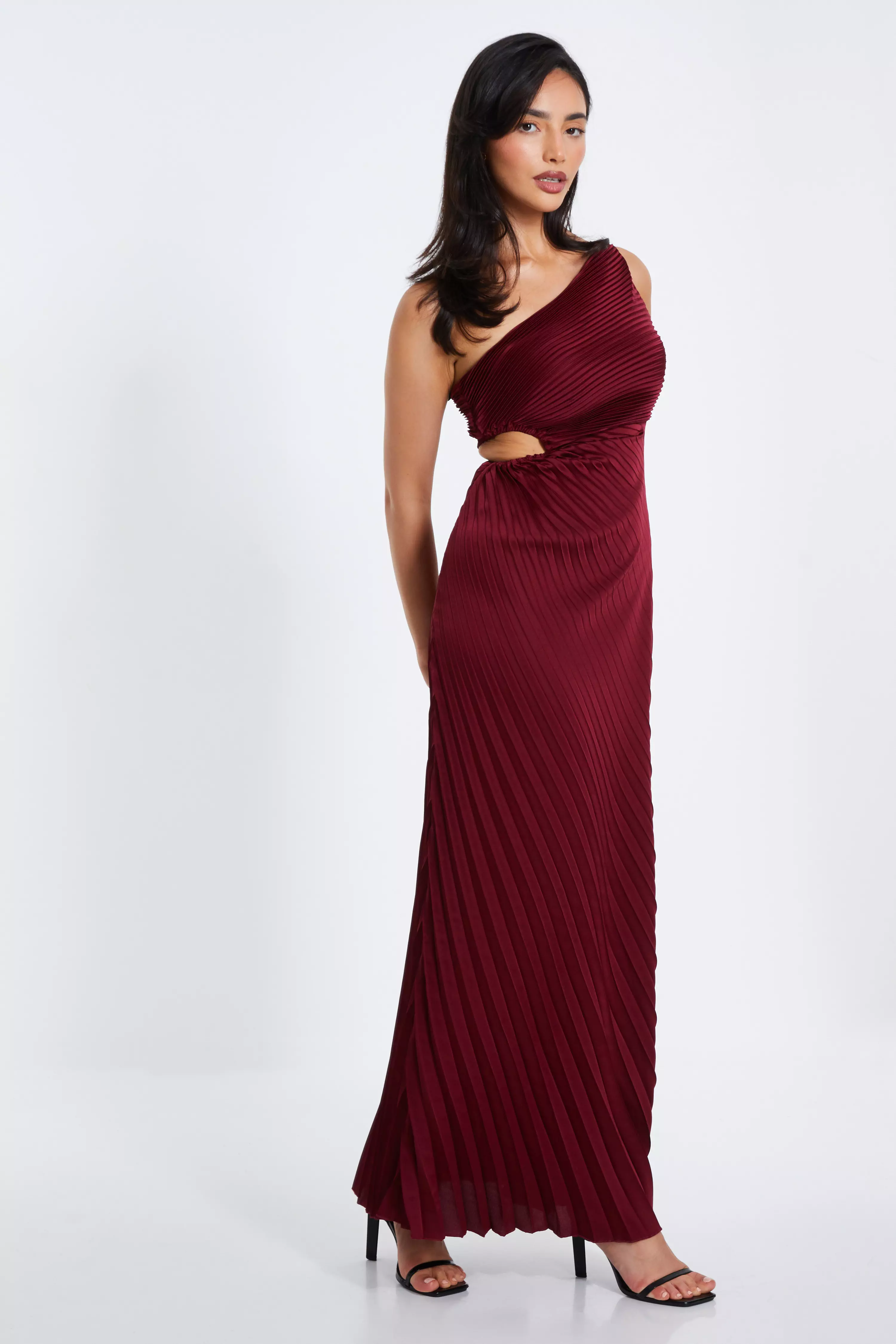 Dark Red Satin Pleated Maxi Dress