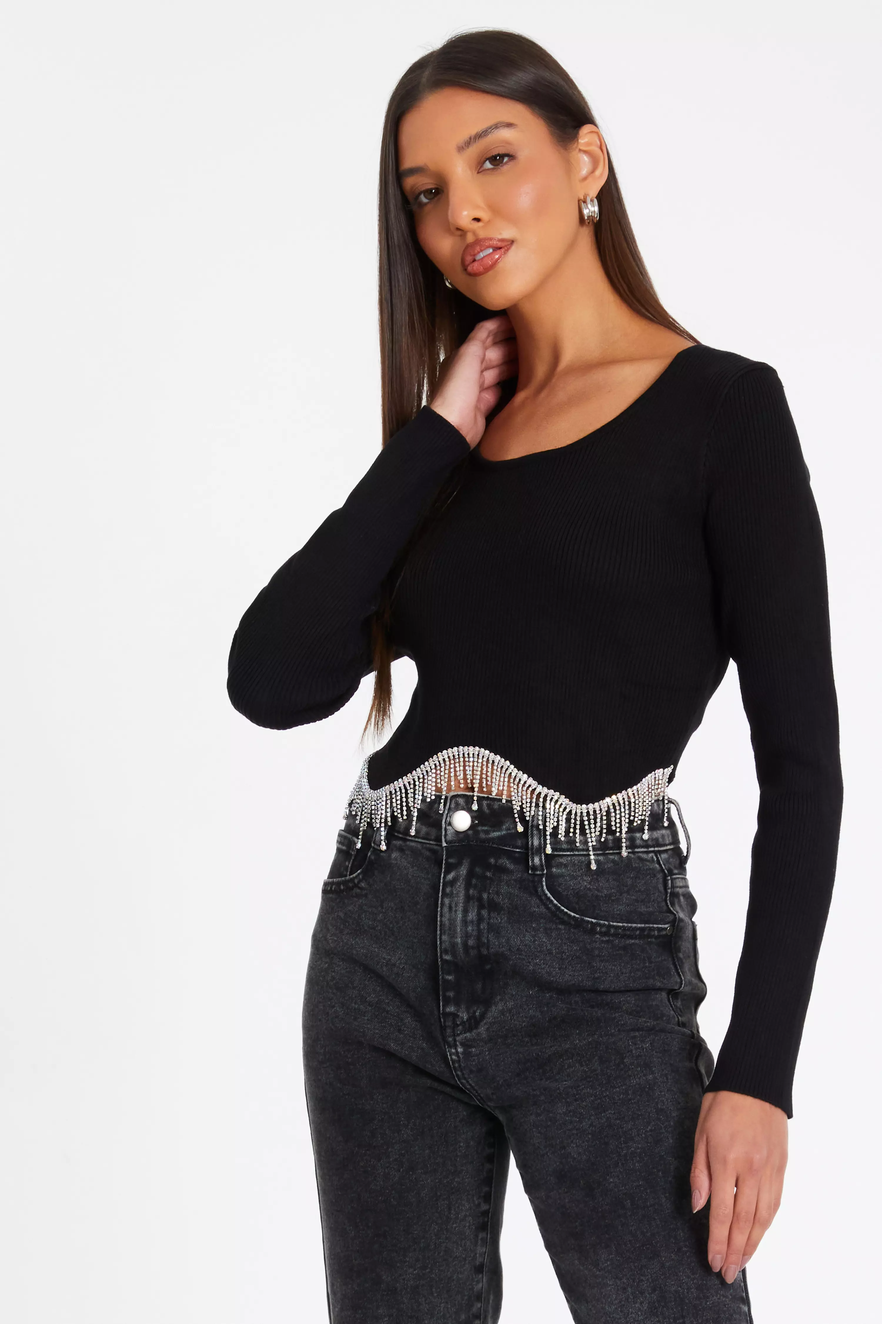 Black Knitted Diamante Crop Top