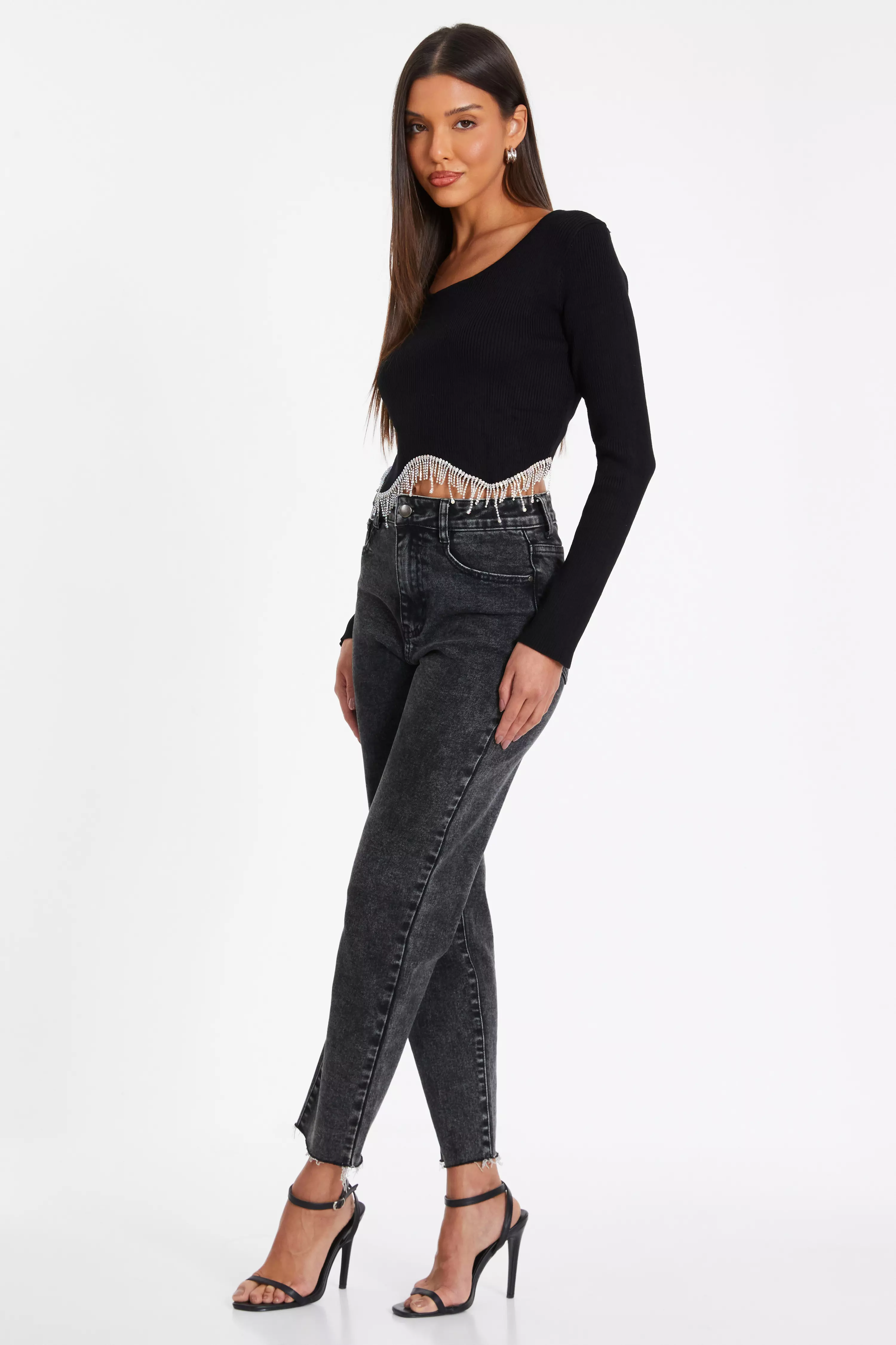 Black Knitted Diamante Crop Top