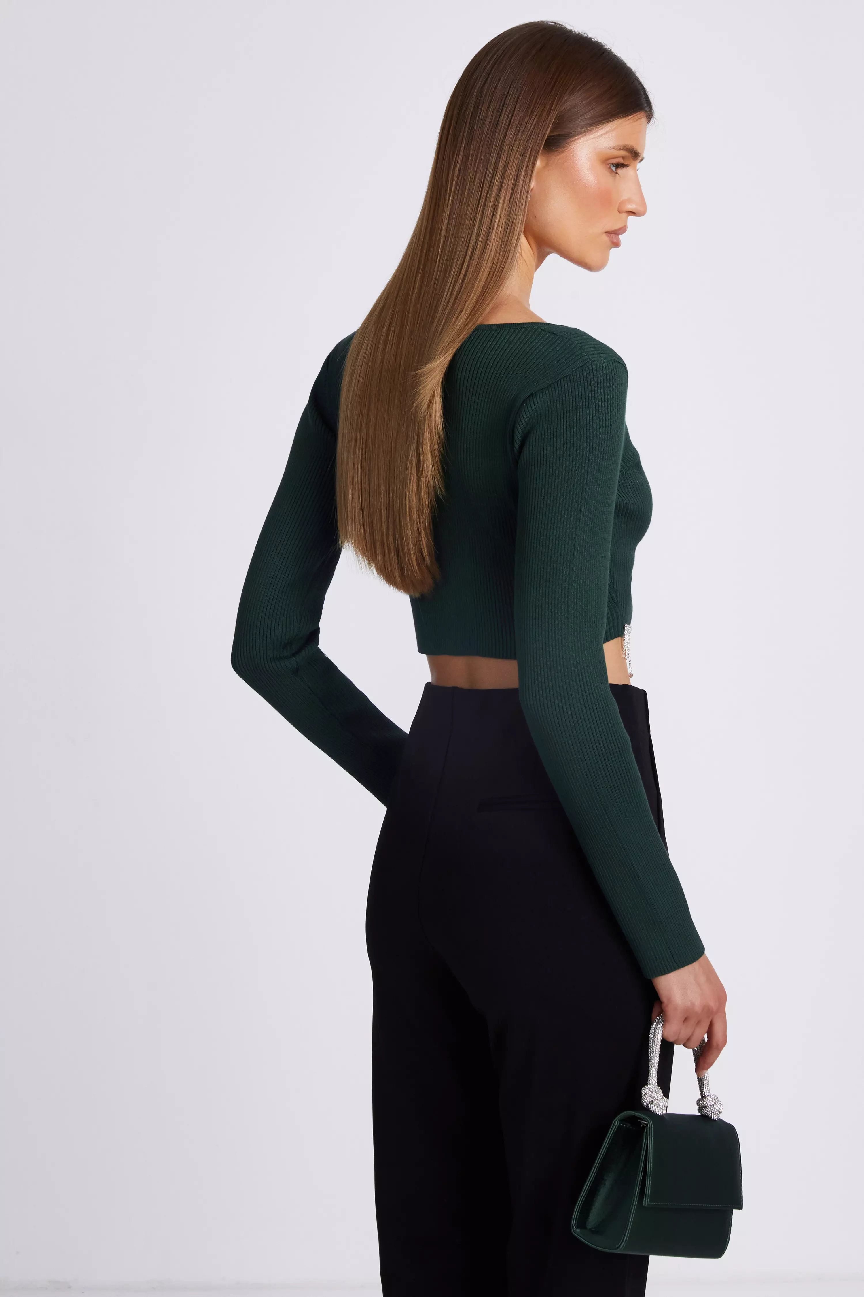 Bottle Green Knit Diamante Crop Top