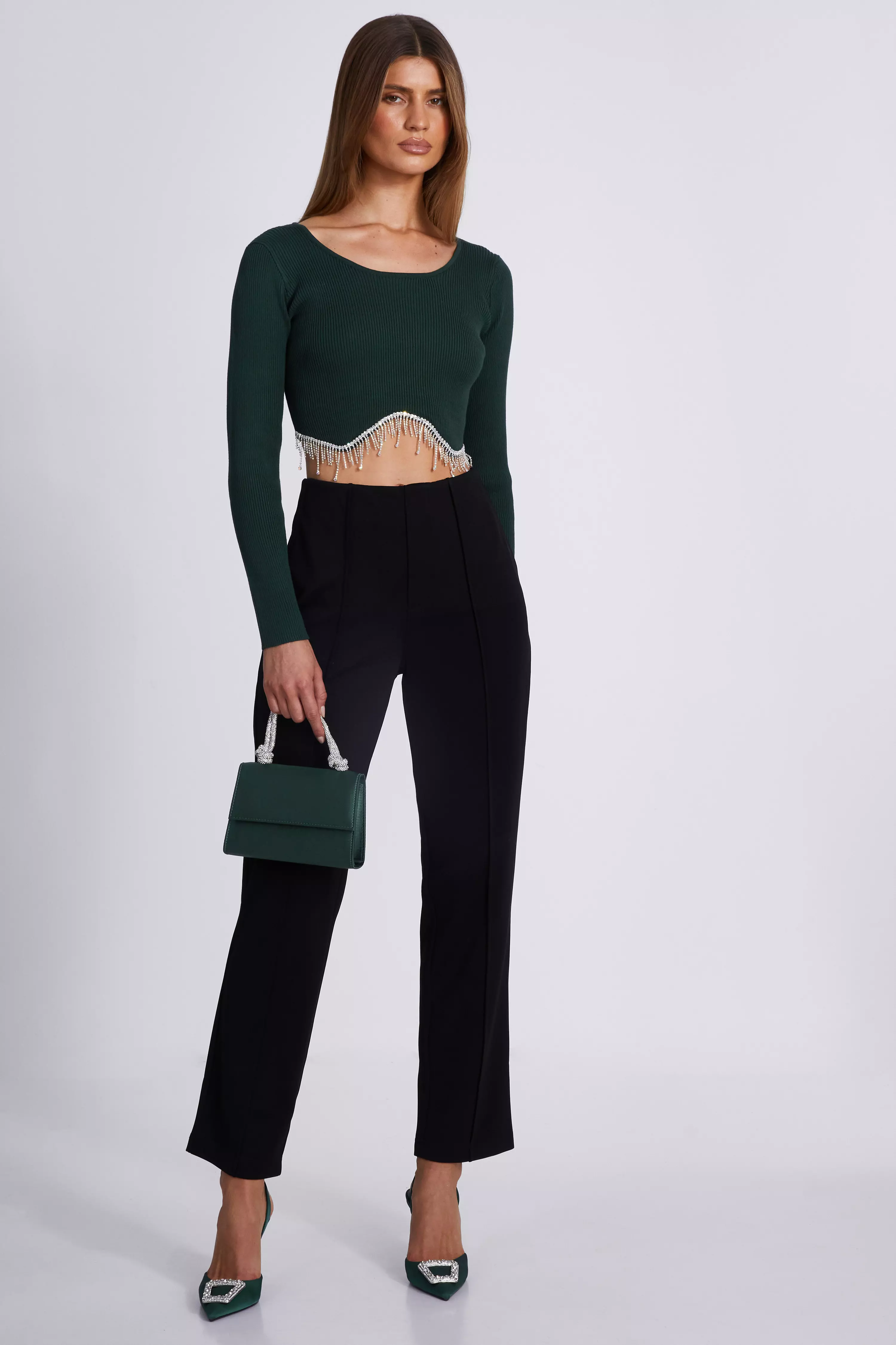 Bottle Green Knit Diamante Crop Top