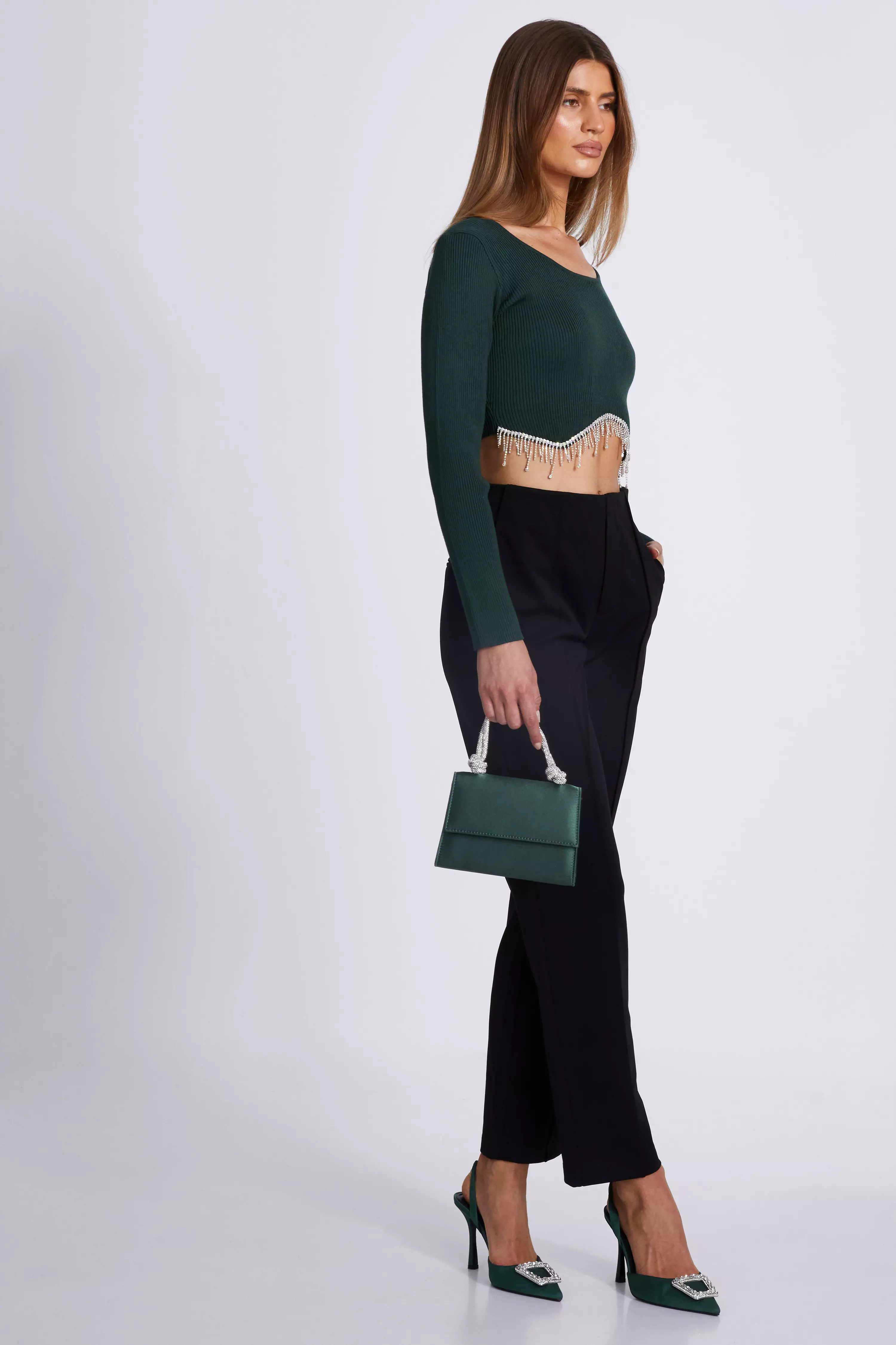 Bottle Green Knit Diamante Crop Top