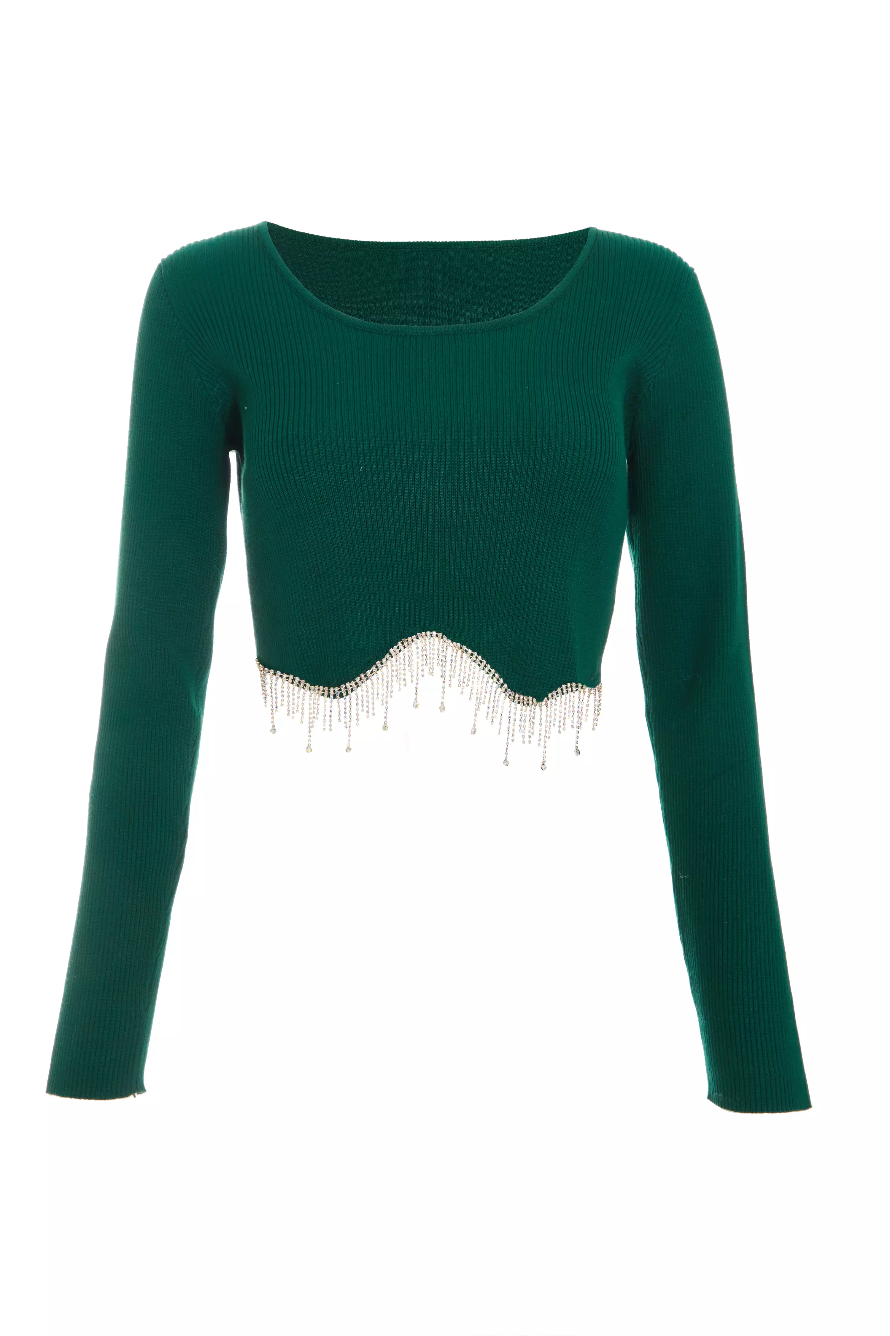 Bottle Green Knit Diamante Crop Top