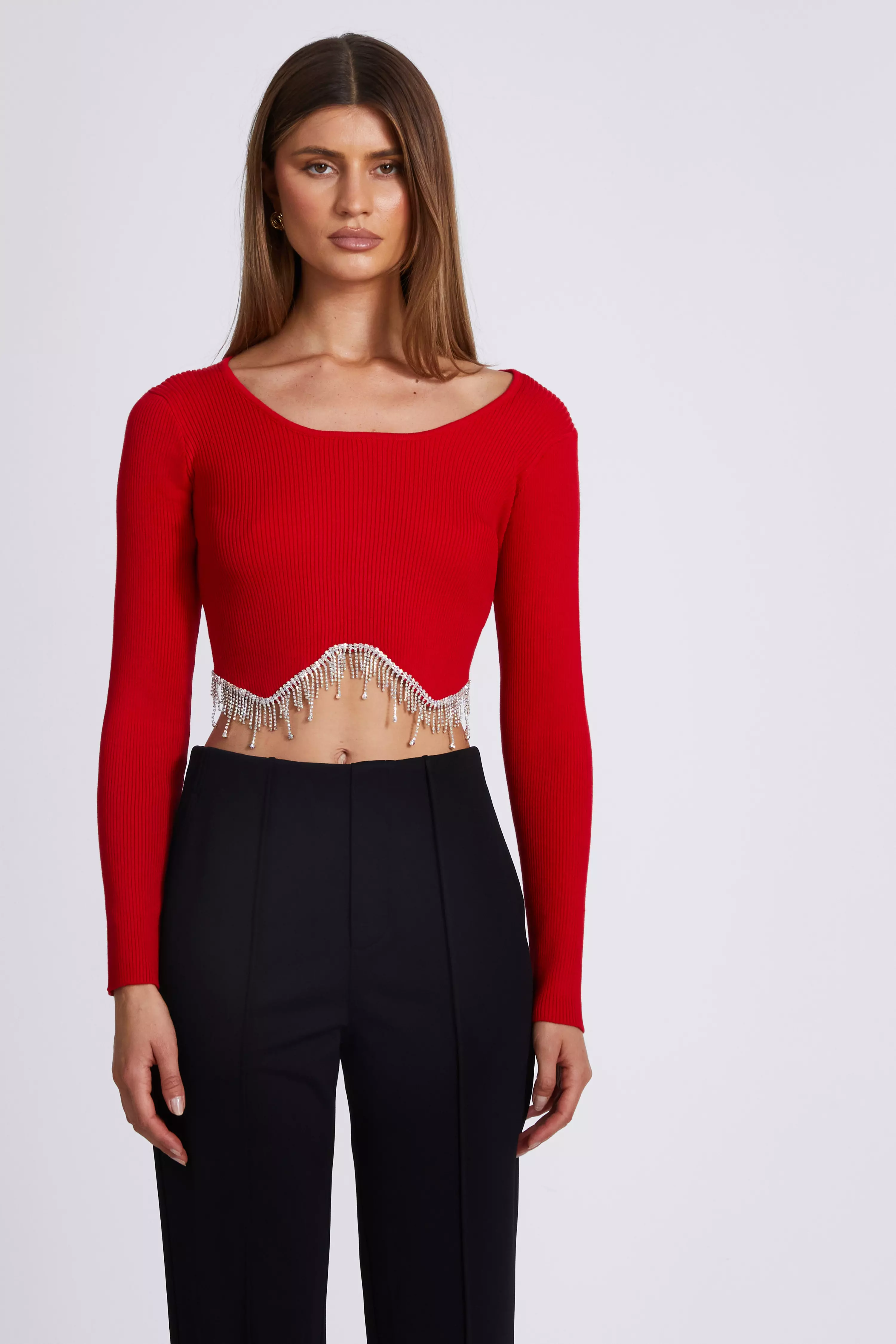 Red Knit Diamante Crop Top