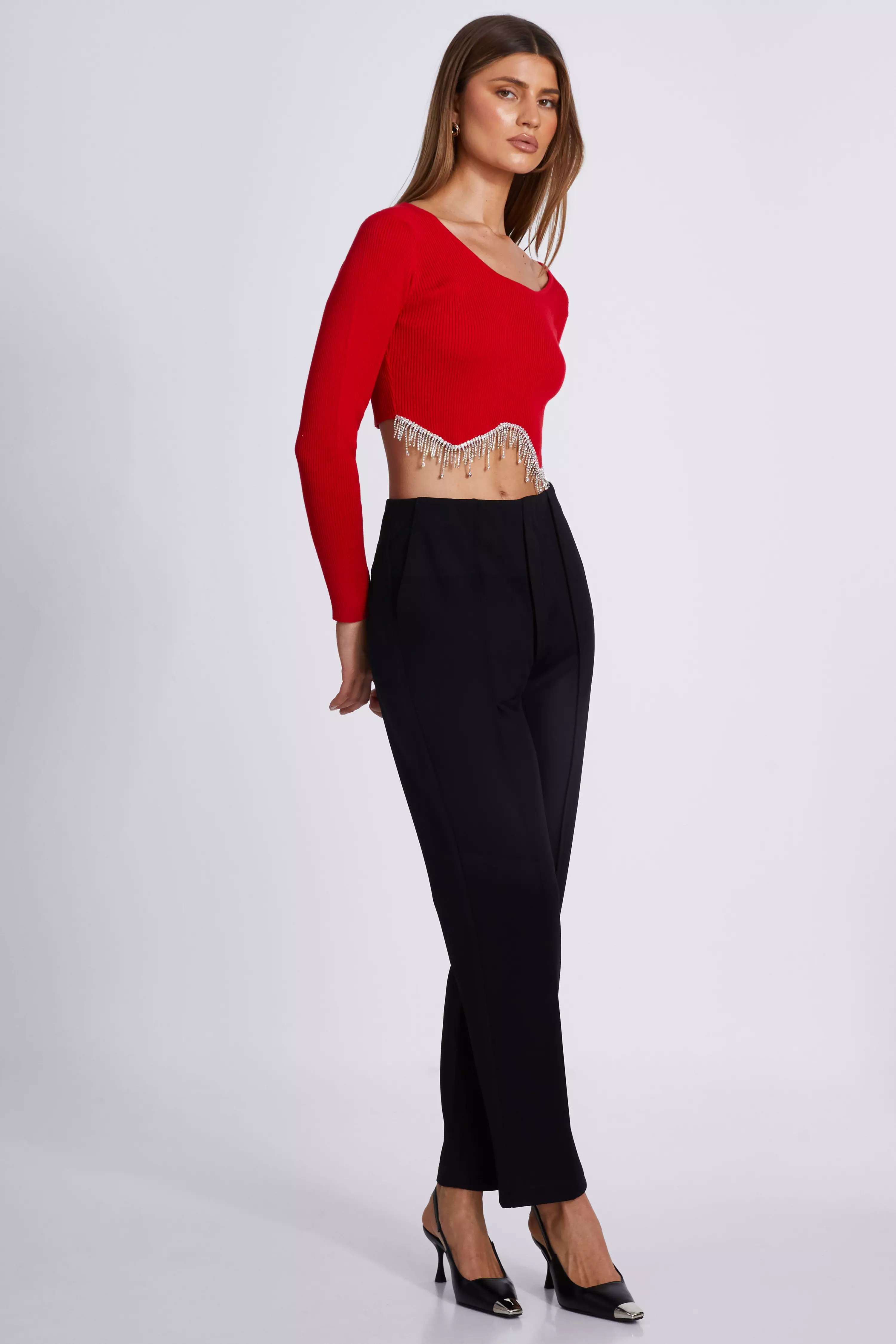 Red Knit Diamante Crop Top