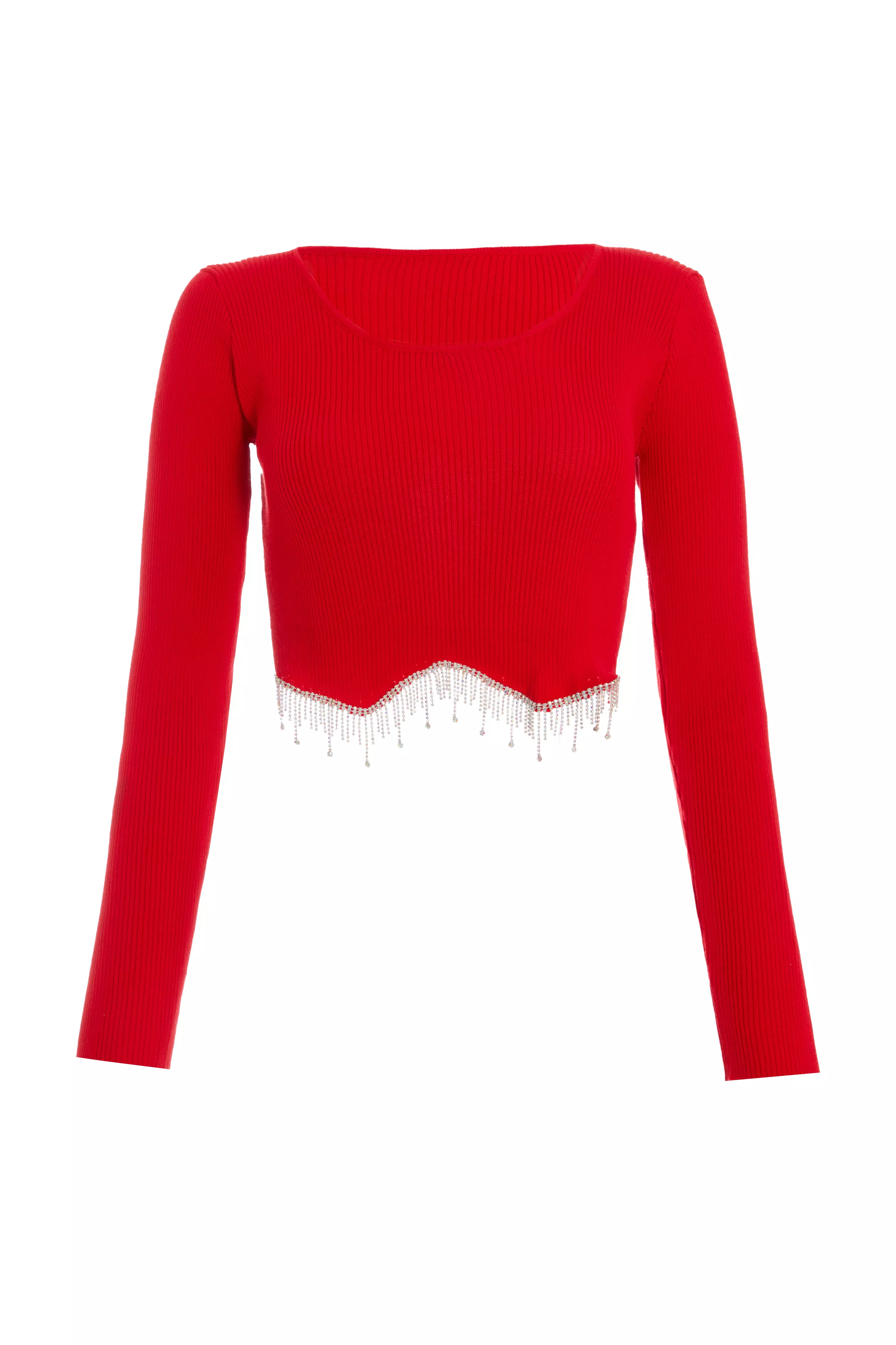 Red Knit Diamante Crop Top