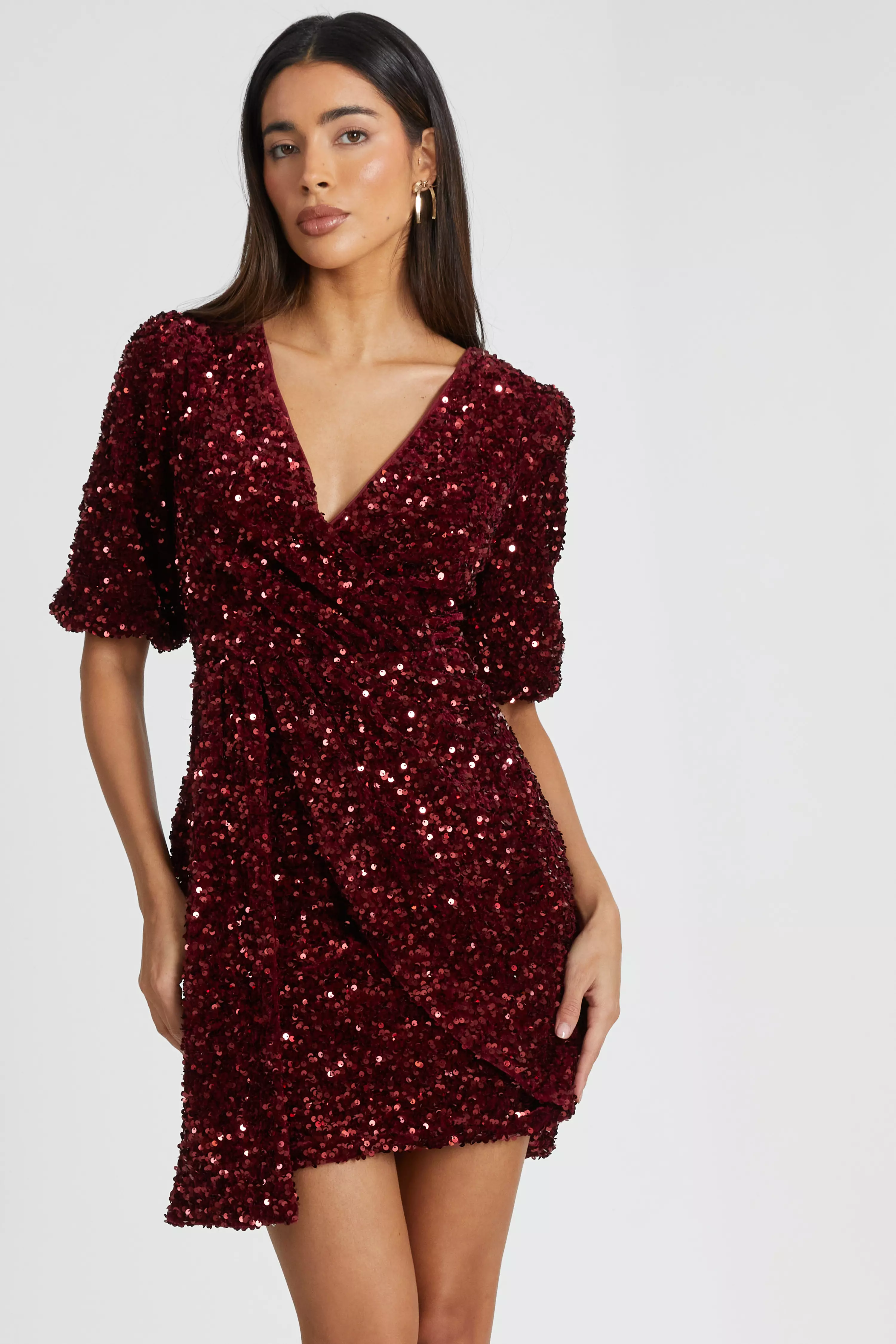 Dark Red Sequin Wrap Mini Dress