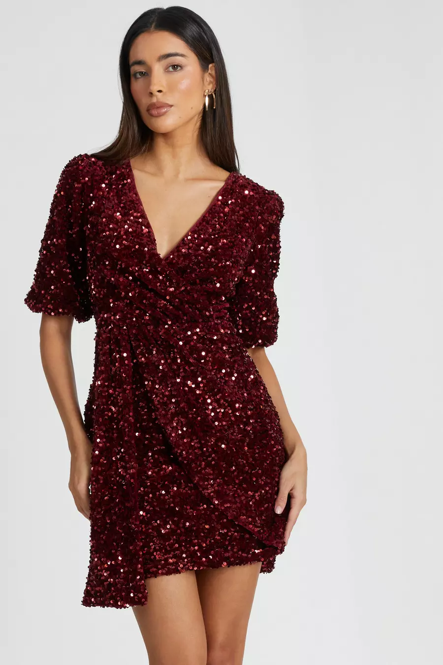 Dark Red Sequin Wrap Mini Dress QUIZ Clothing