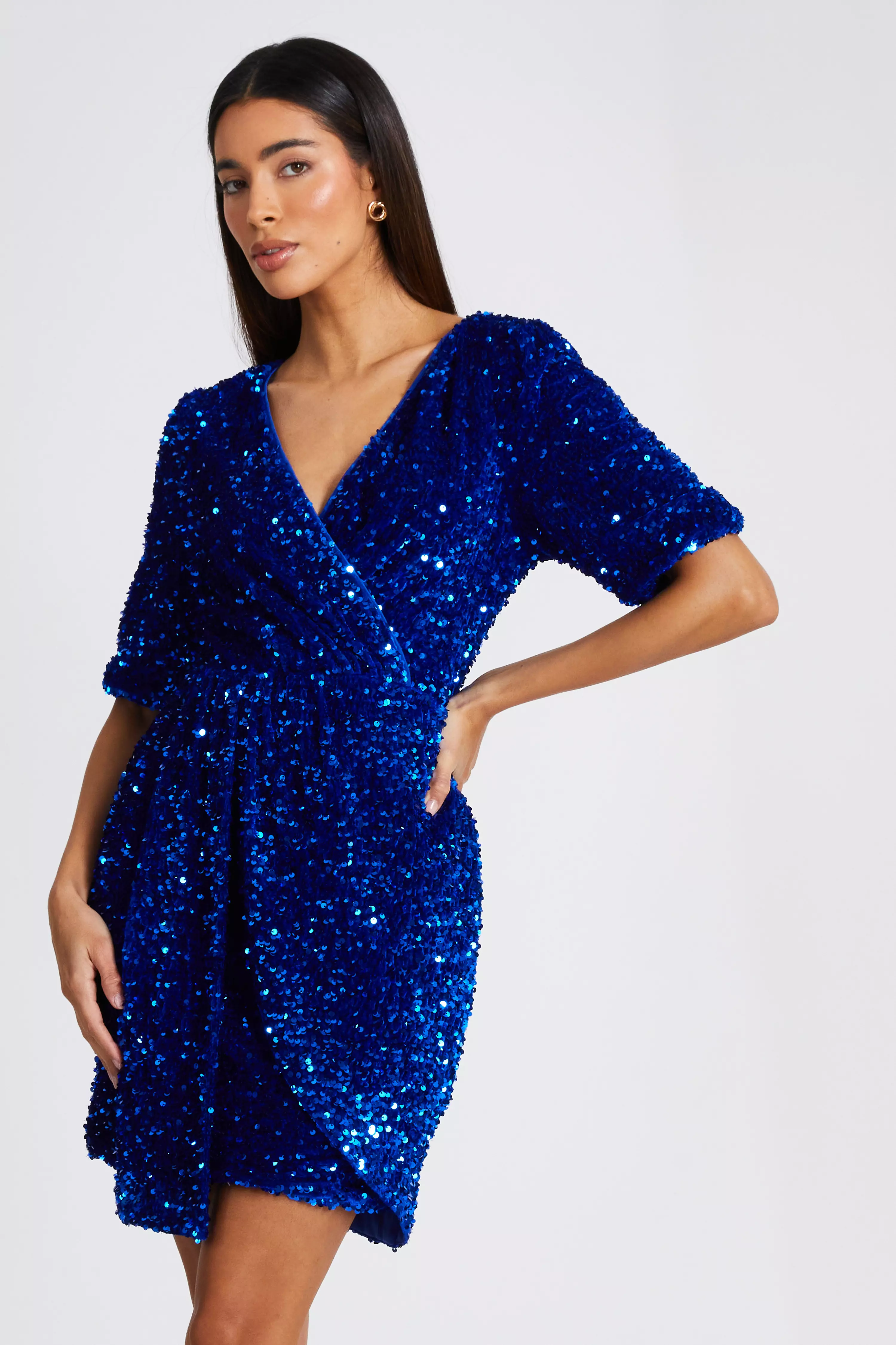 Royal Blue Sequin Wrap Mini Dress