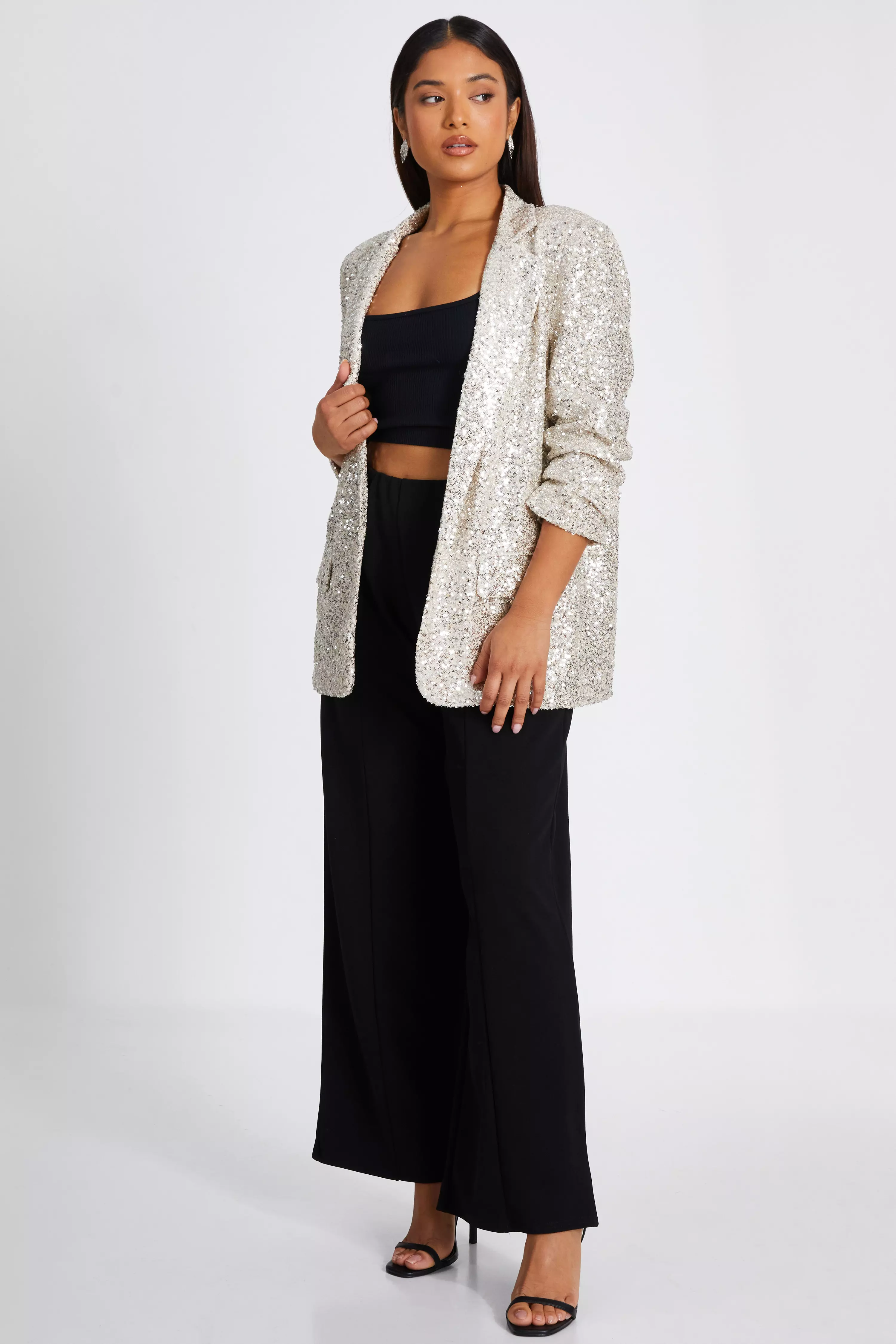 Petite Champagne Sequin Ruched Blazer