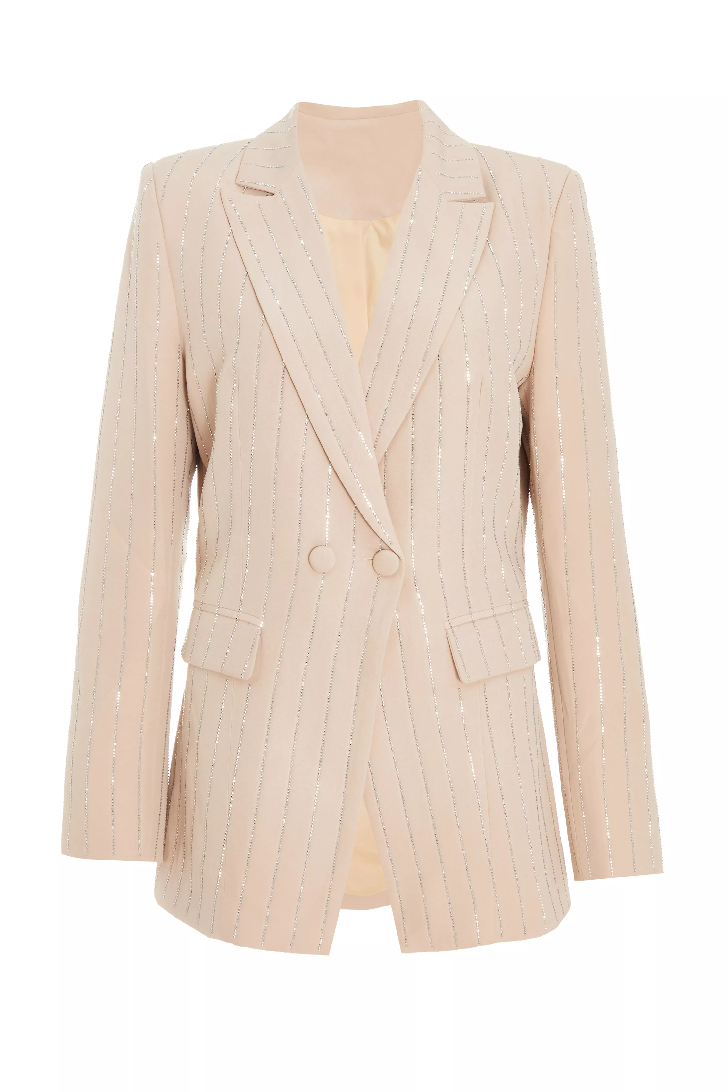 Beige Pinstripe Embellished Blazer