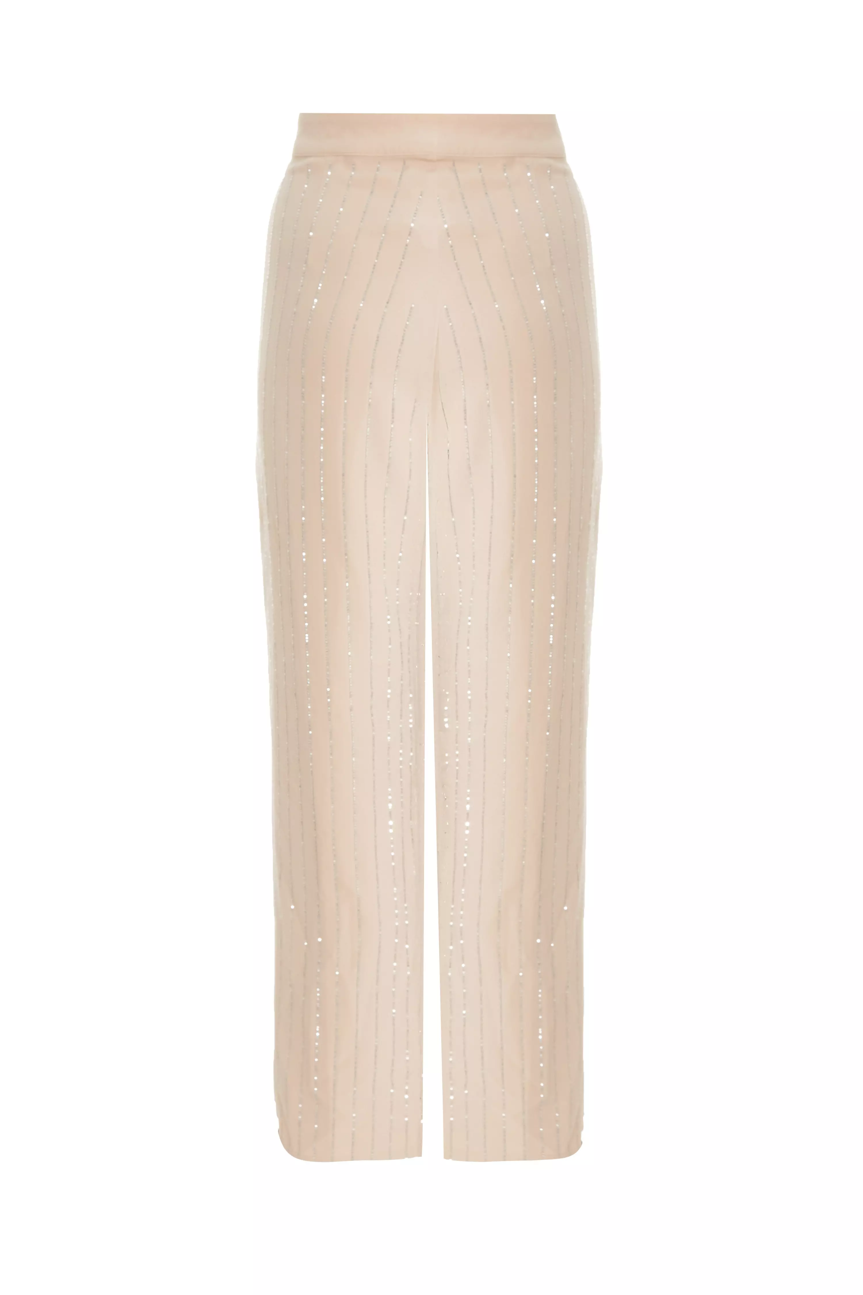 Beige Pinstripe Embellished Wide Leg Trousers