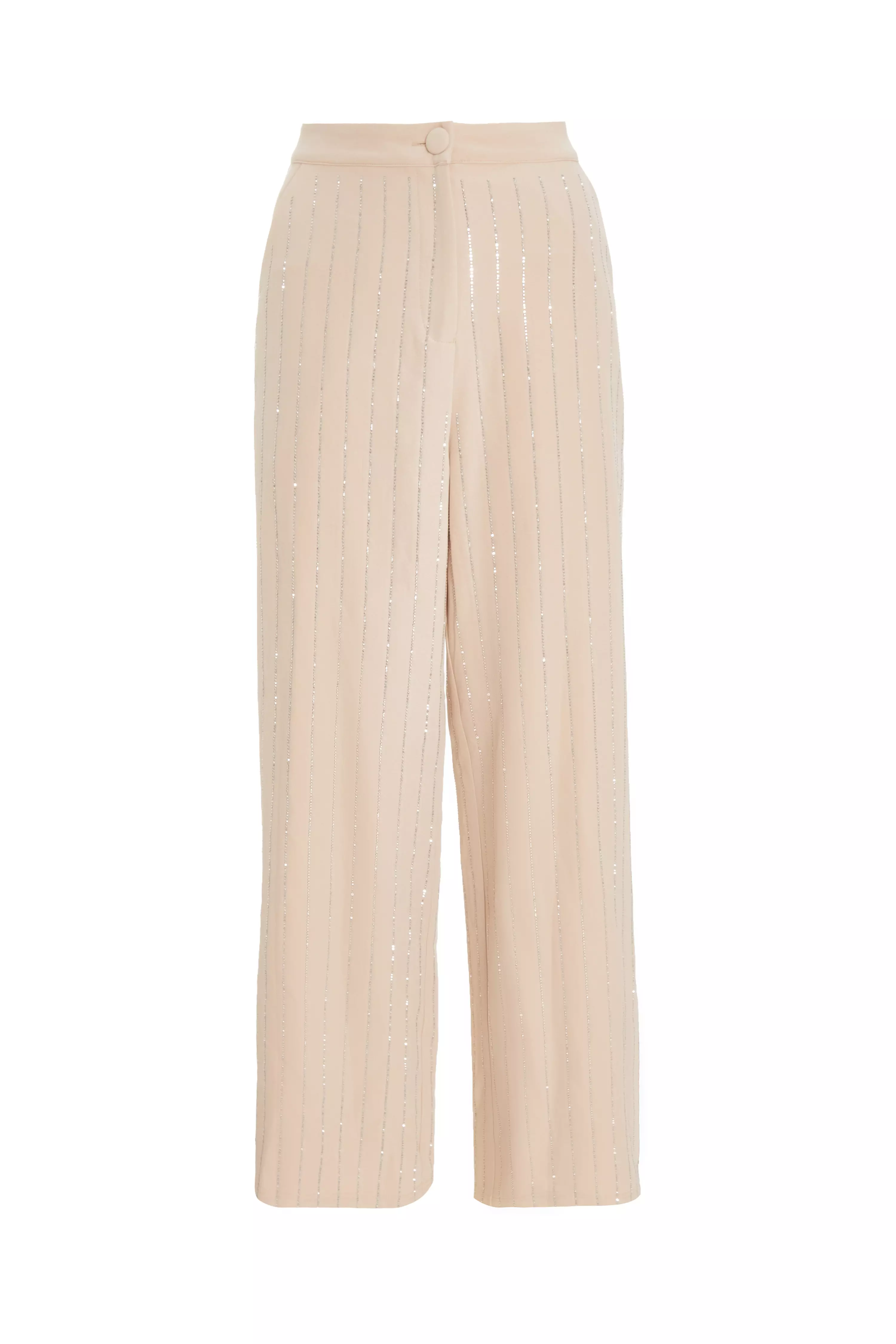 Beige Pinstripe Embellished Wide Leg Trousers