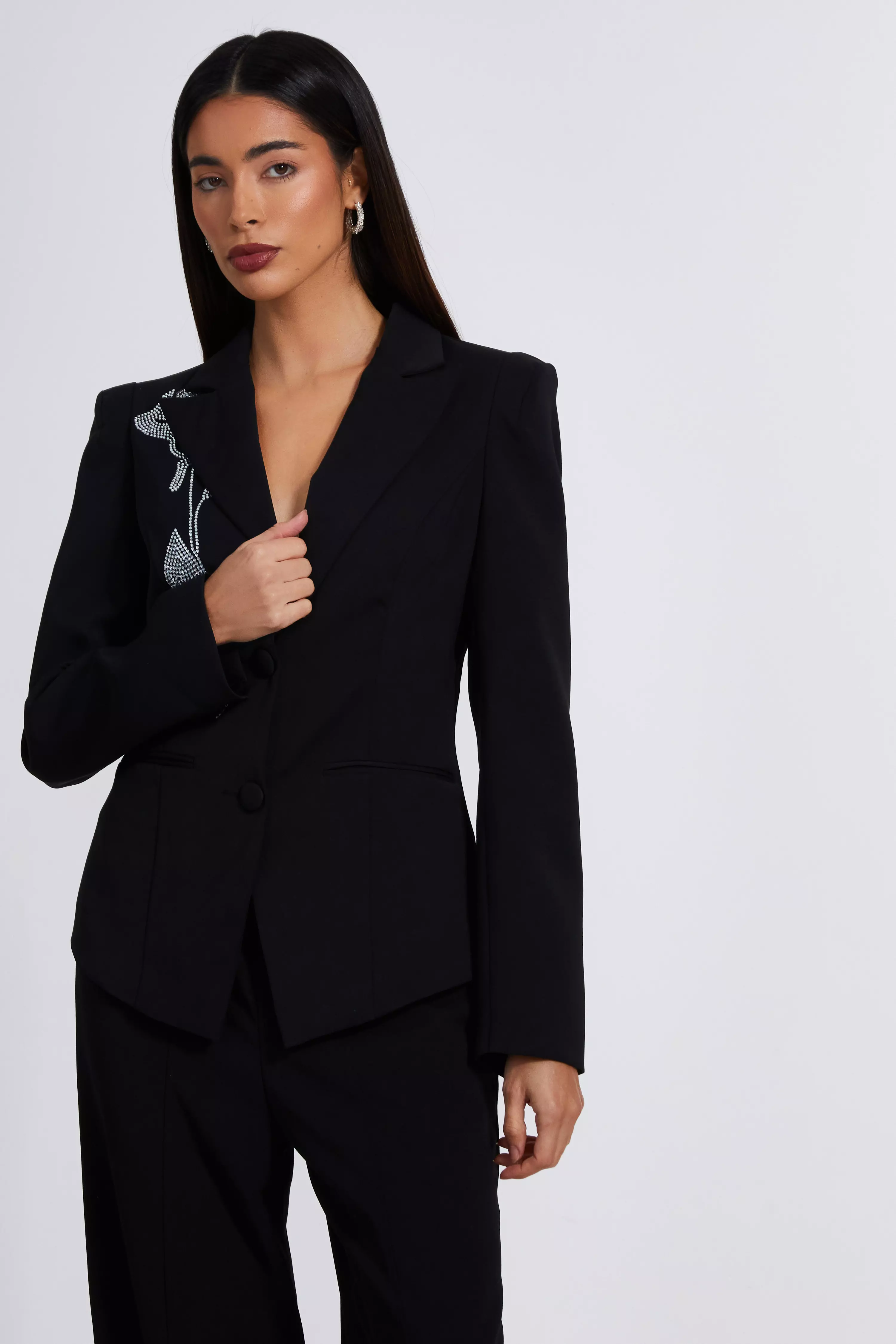 Black Woven Embellished Tailored Blazer 