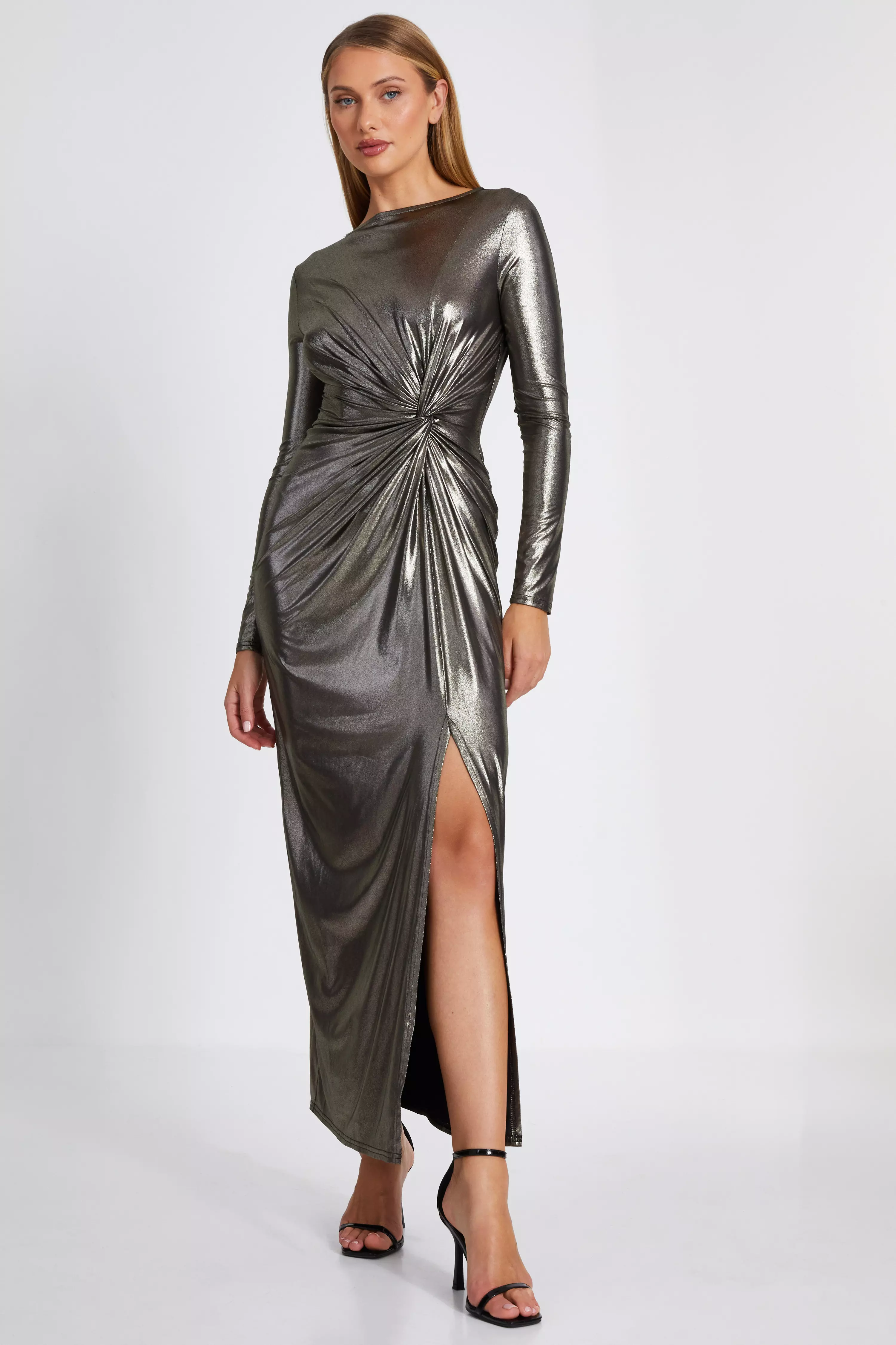 Gold Foil Ruched Maxi Dress