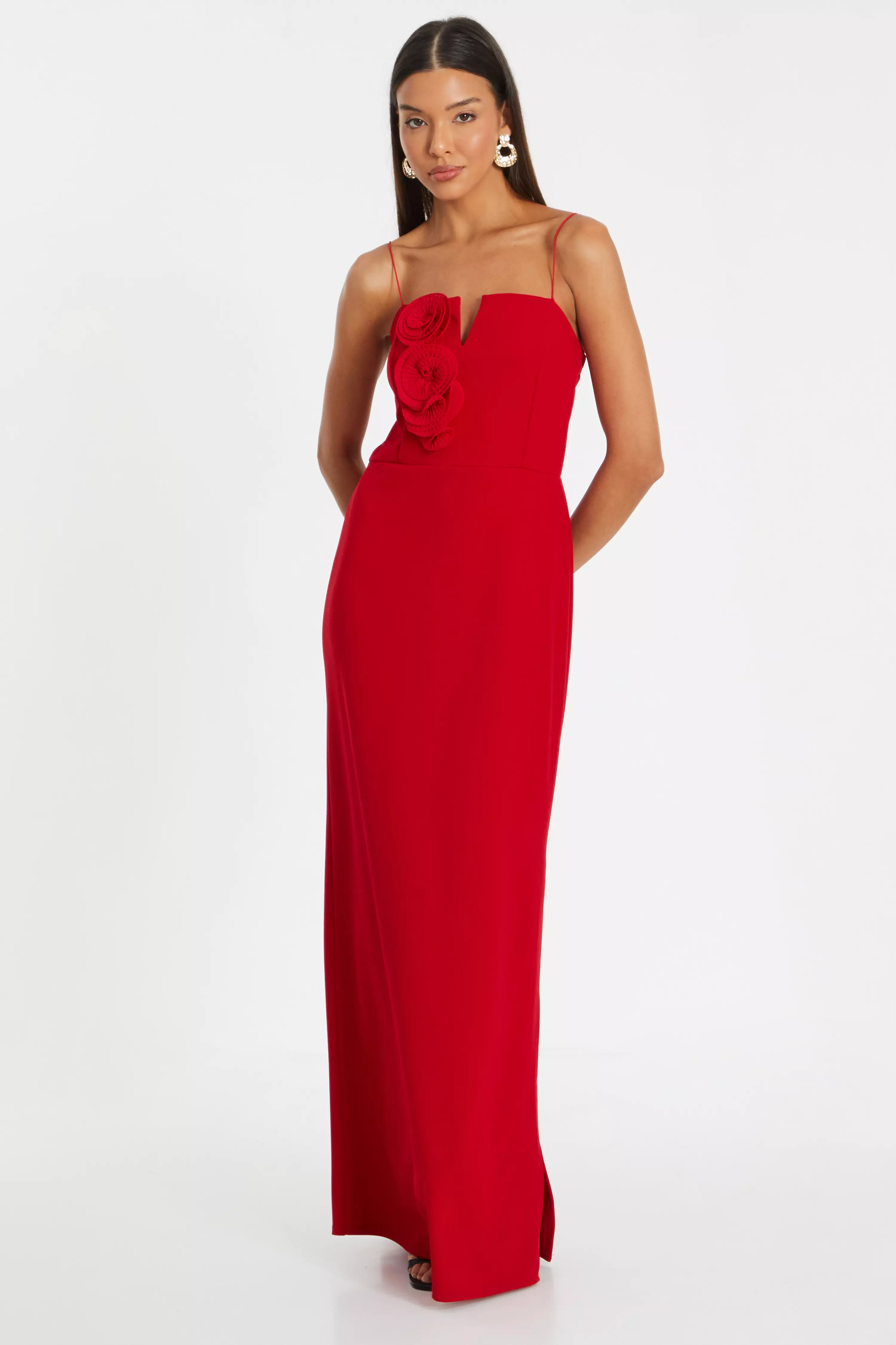 Red Floral Trim Strap Maxi dress