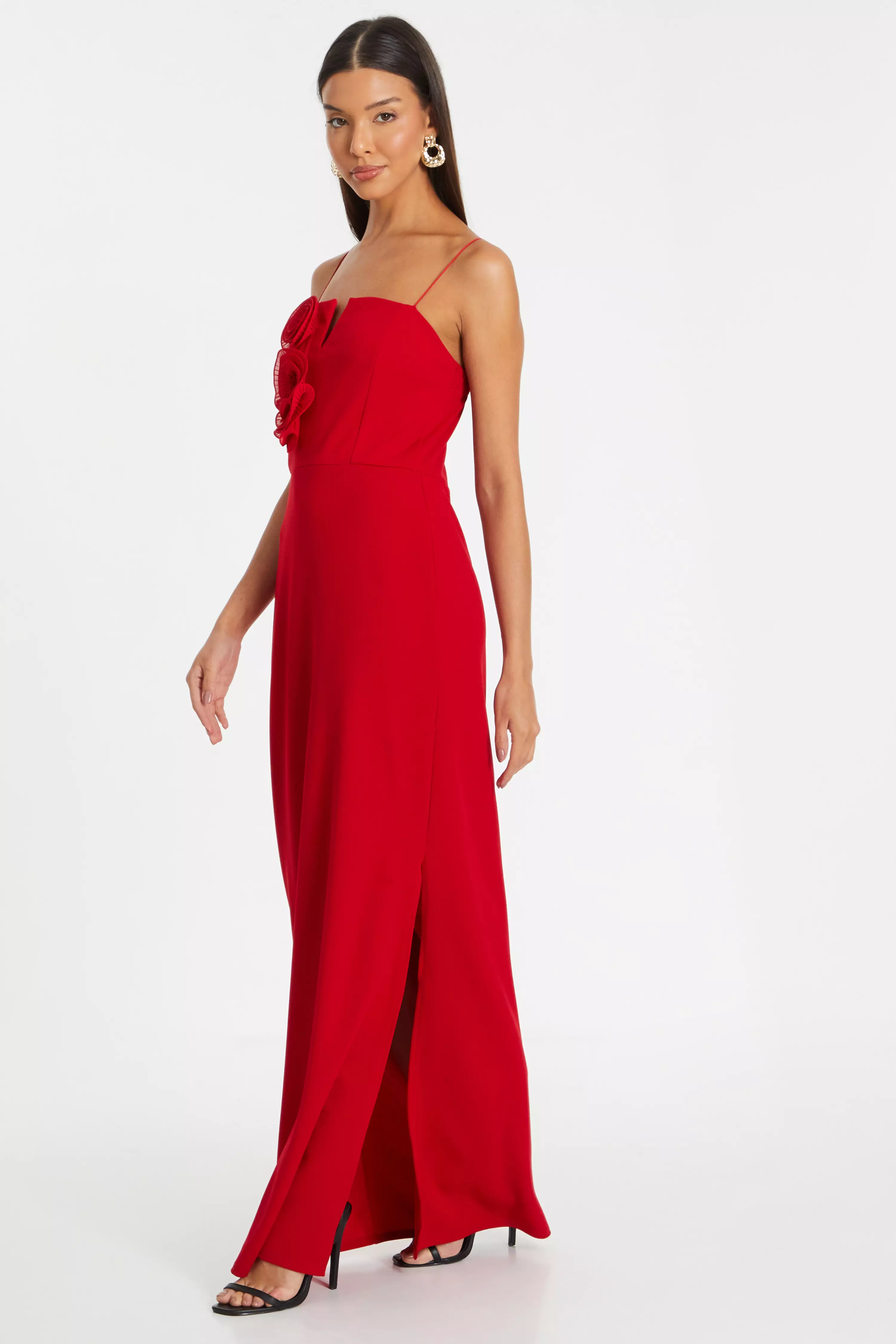 Red Floral Trim Strap Maxi dress