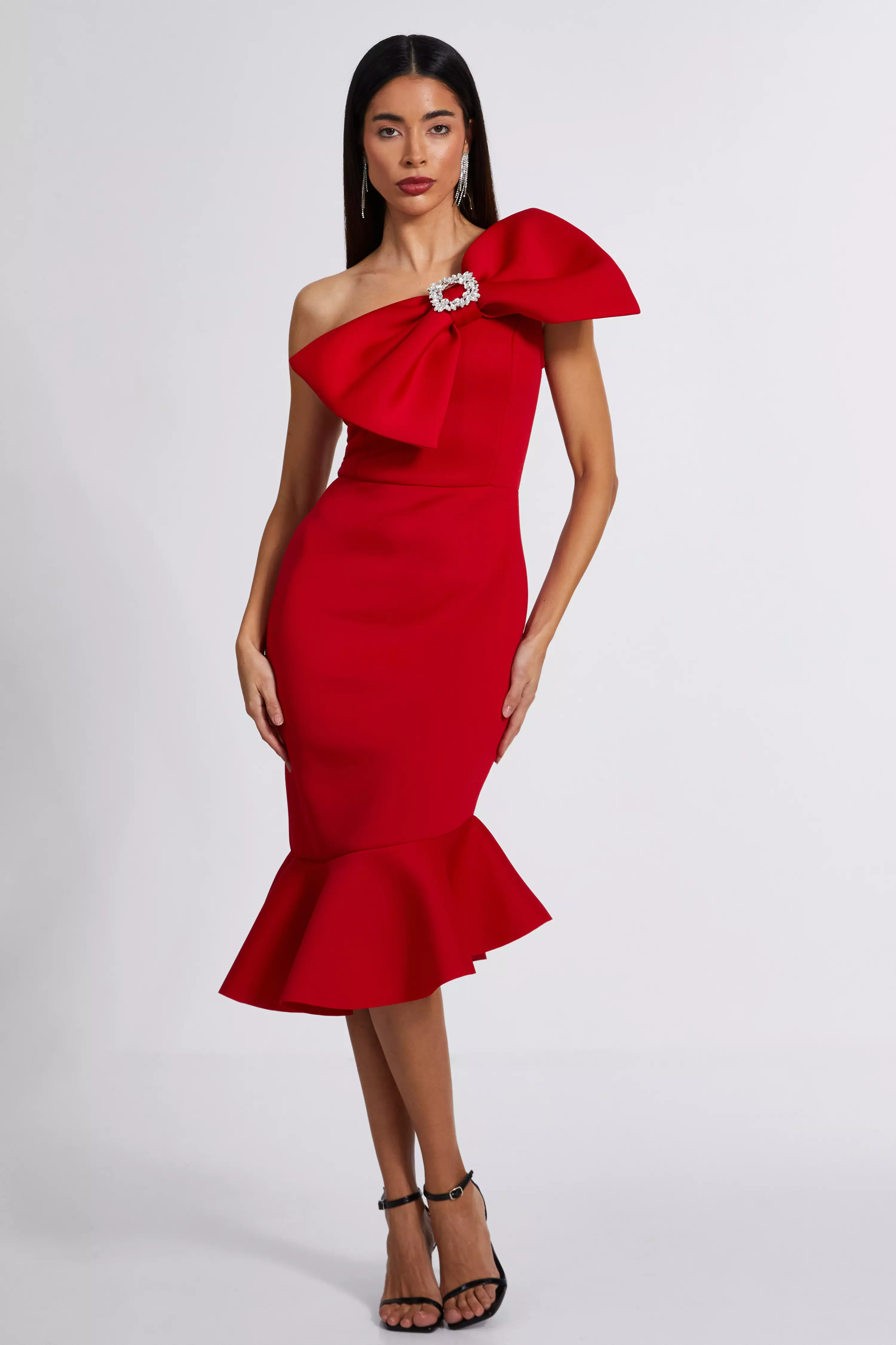 Red One Shoulder Bow Midi Dress