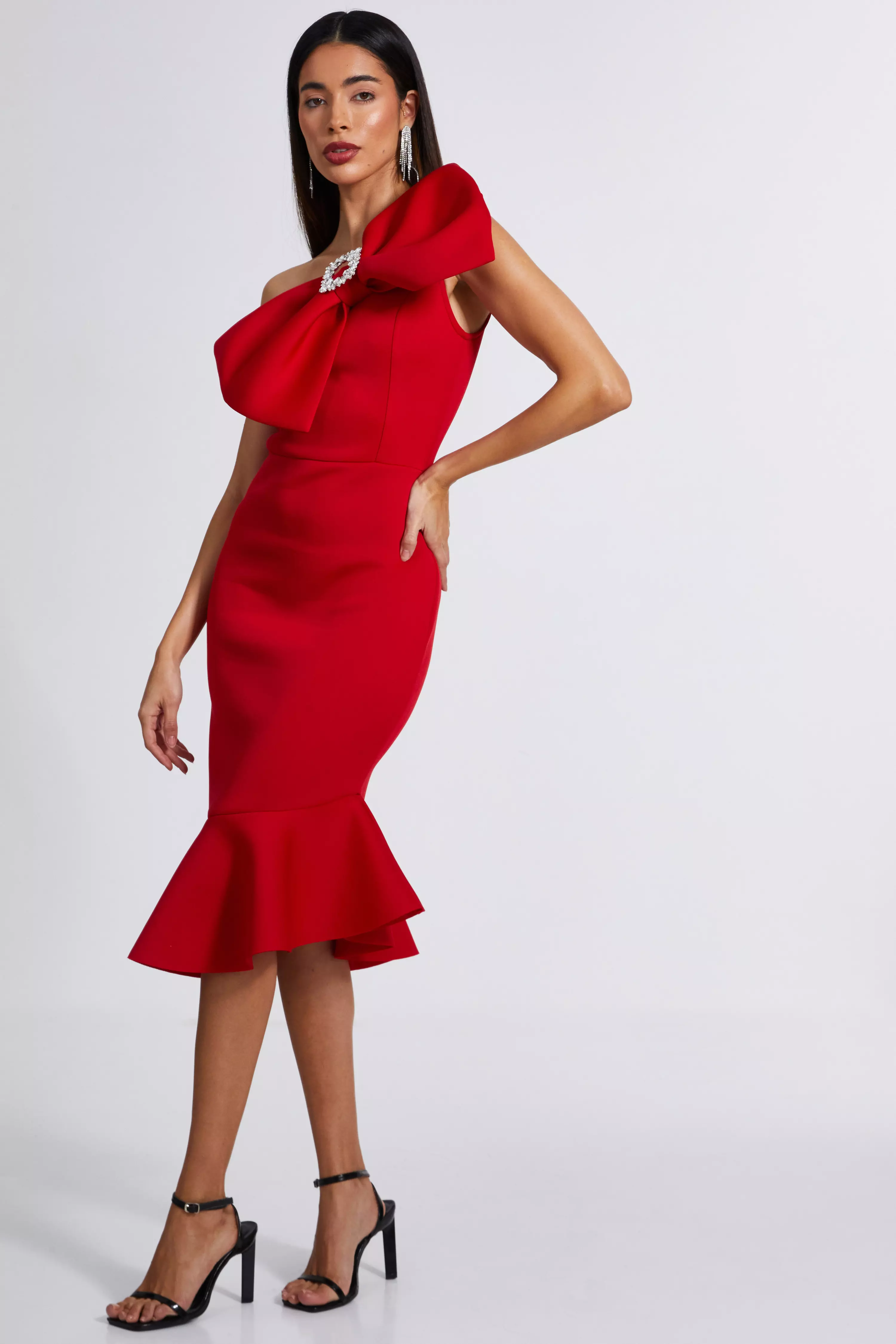 Red One Shoulder Bow Midi Dress