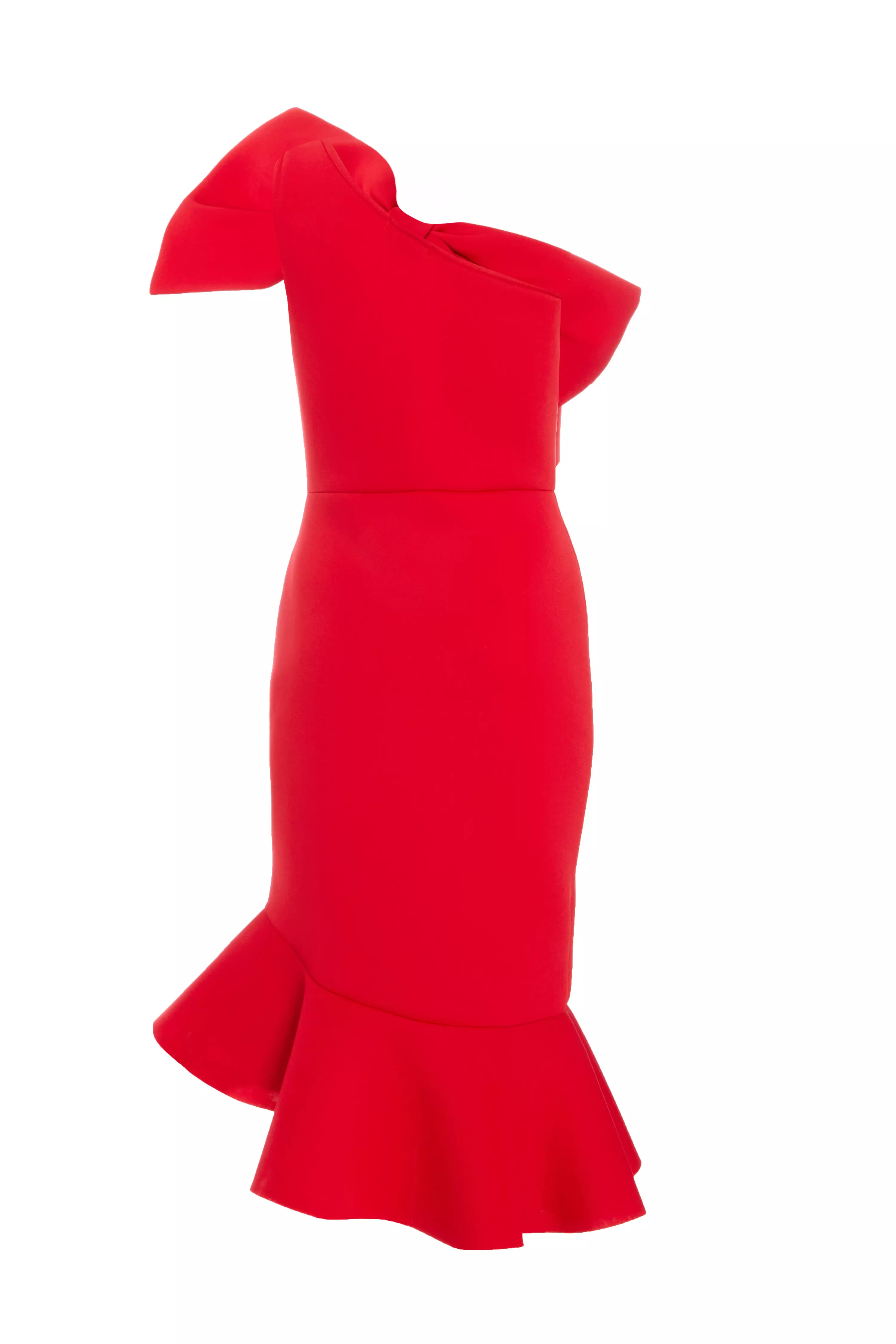 Red One Shoulder Bow Midi Dress