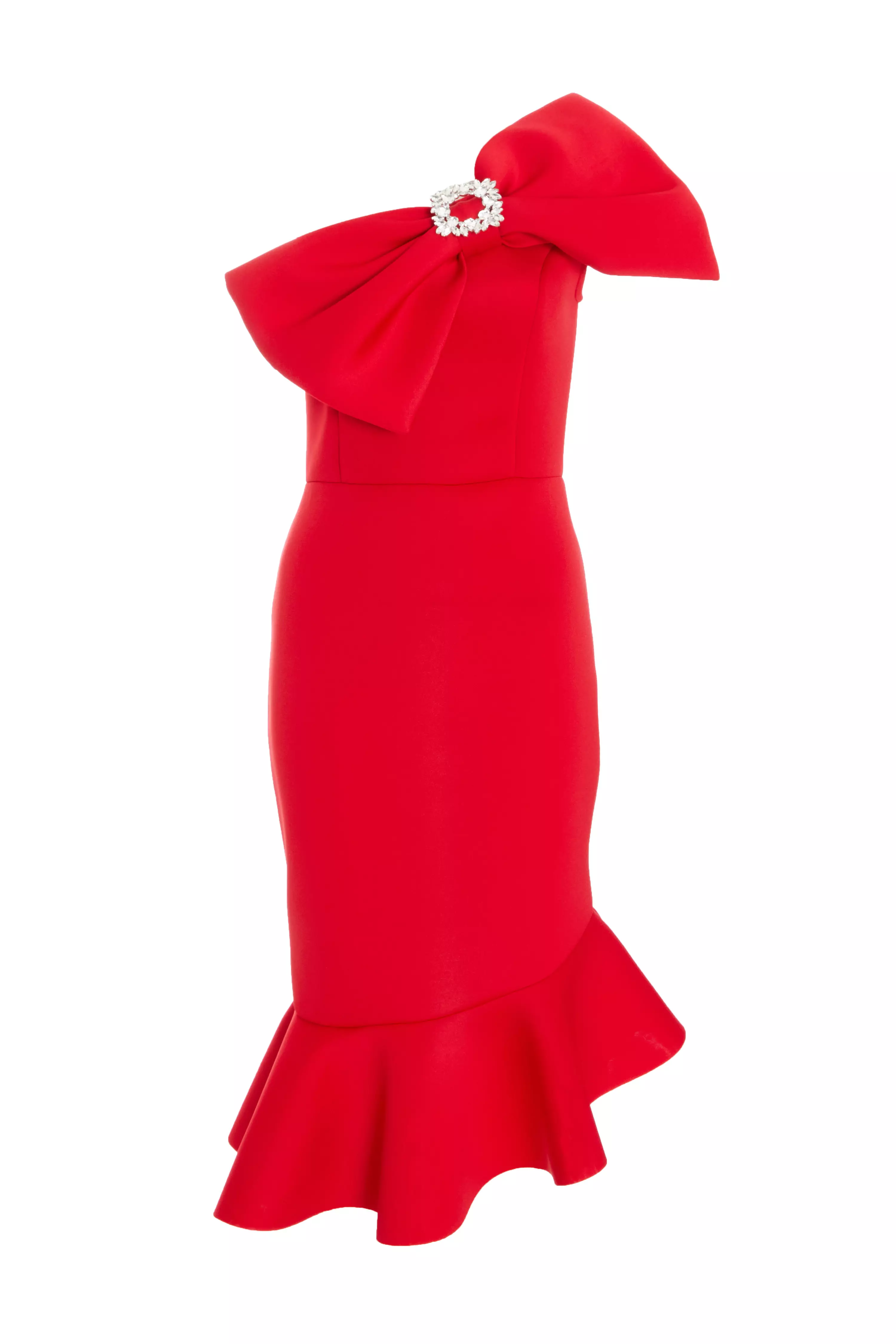 Red One Shoulder Bow Midi Dress