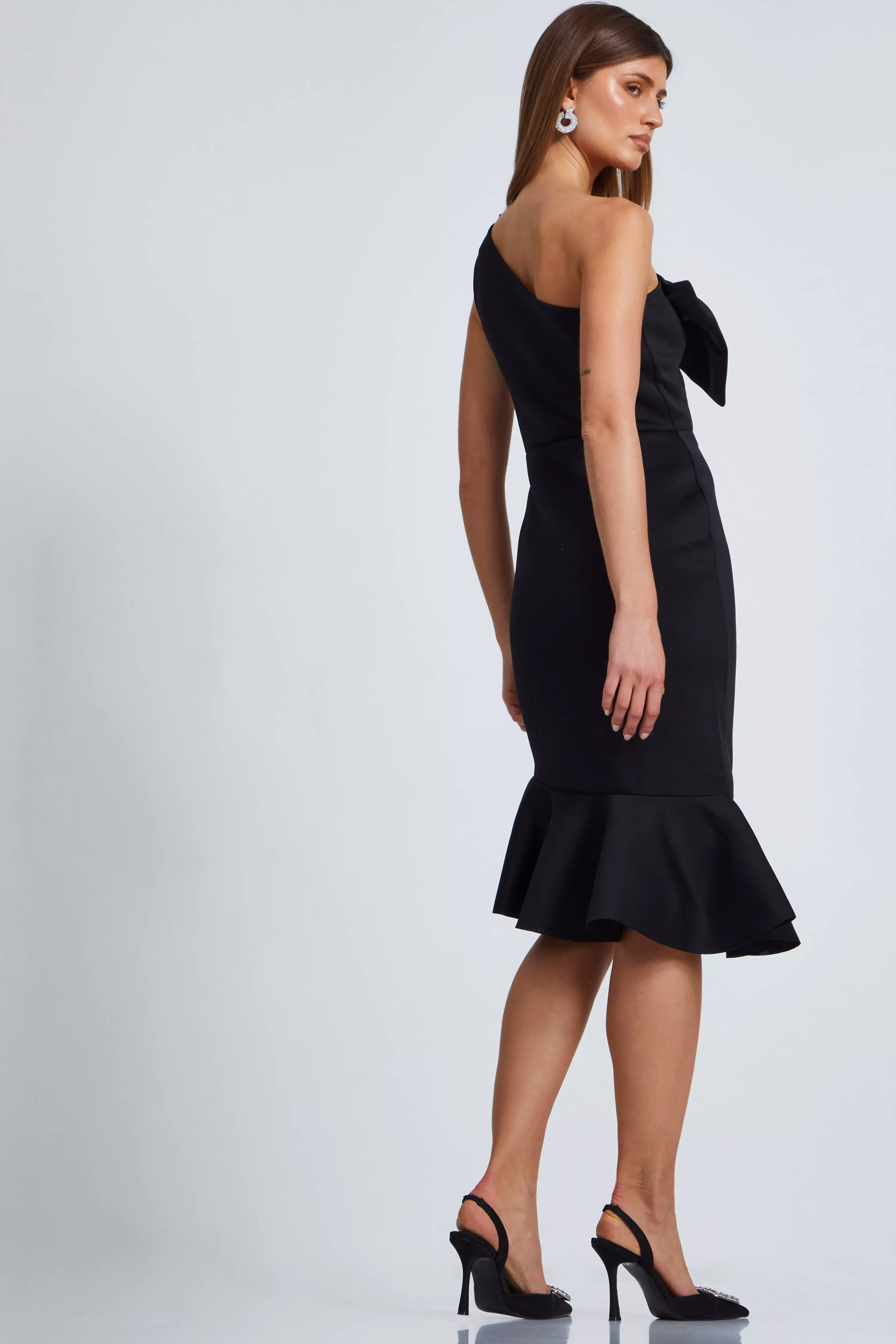 Black One Shoulder Bow Midi Dress