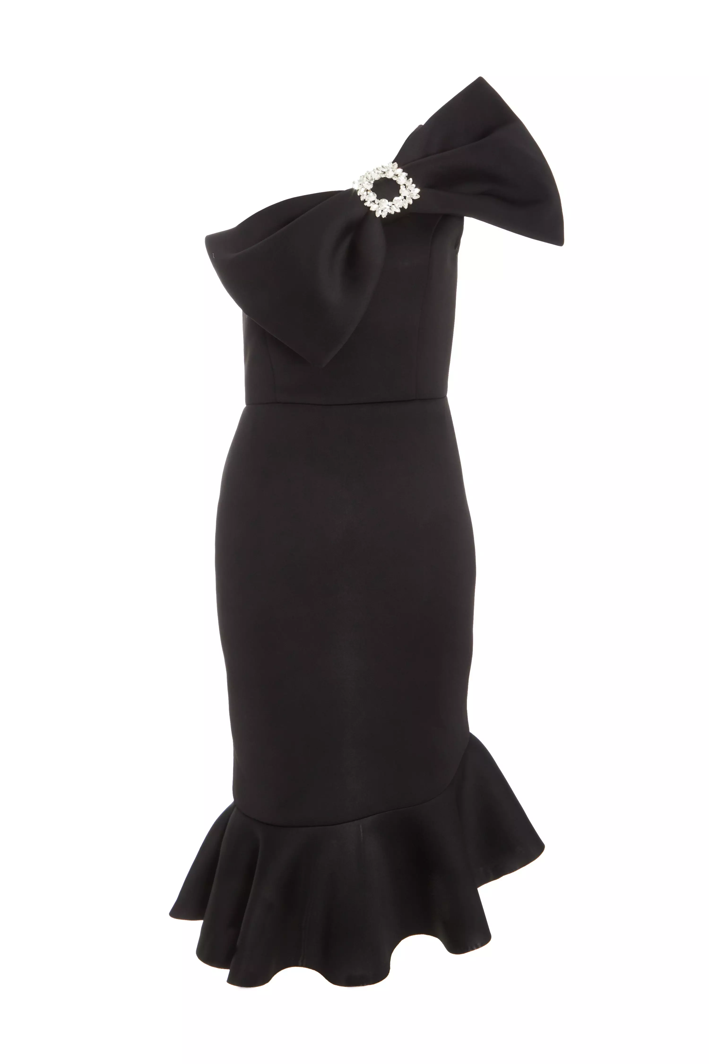 Black One Shoulder Bow Midi Dress