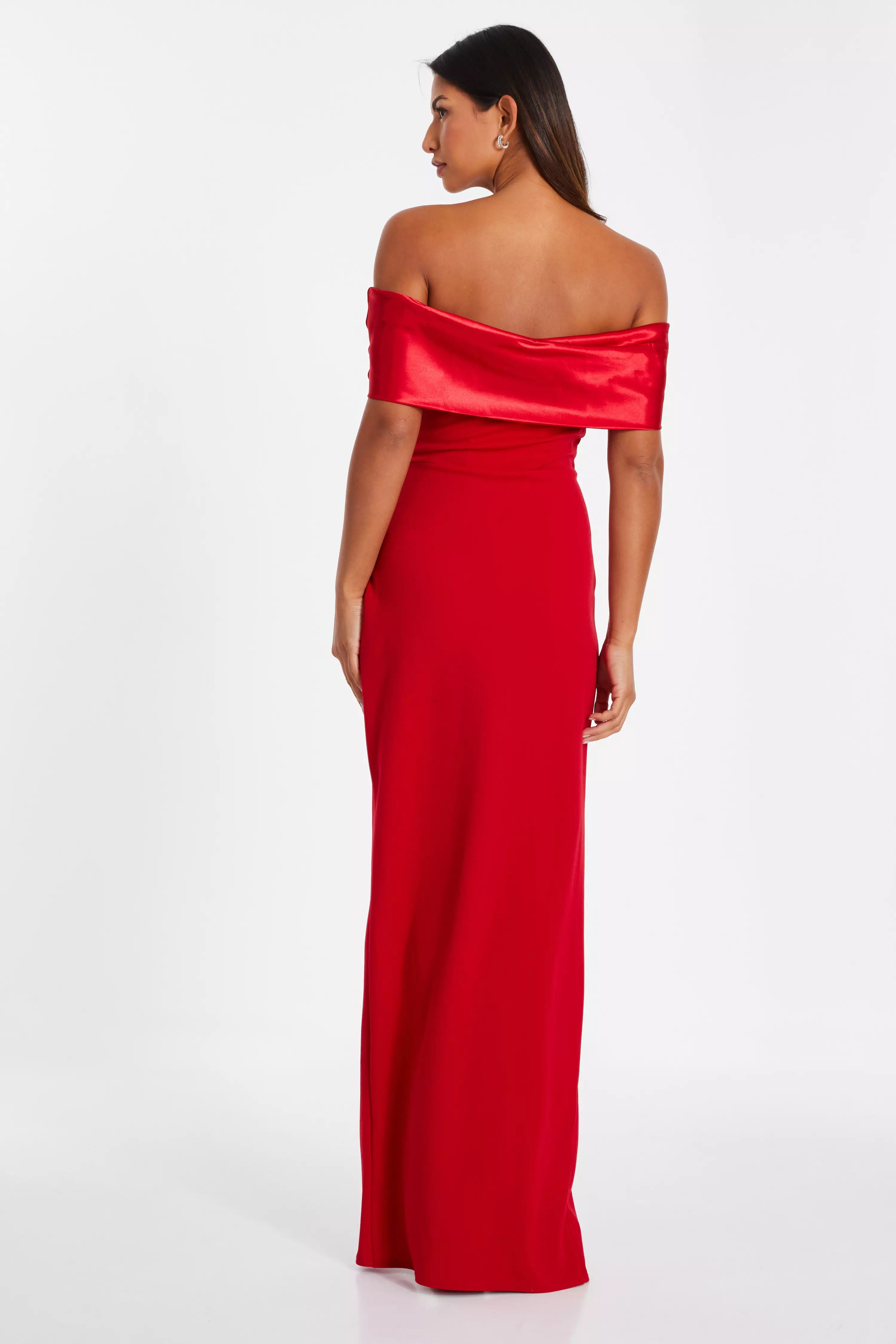 Red Bardot Ruched Maxi Dress