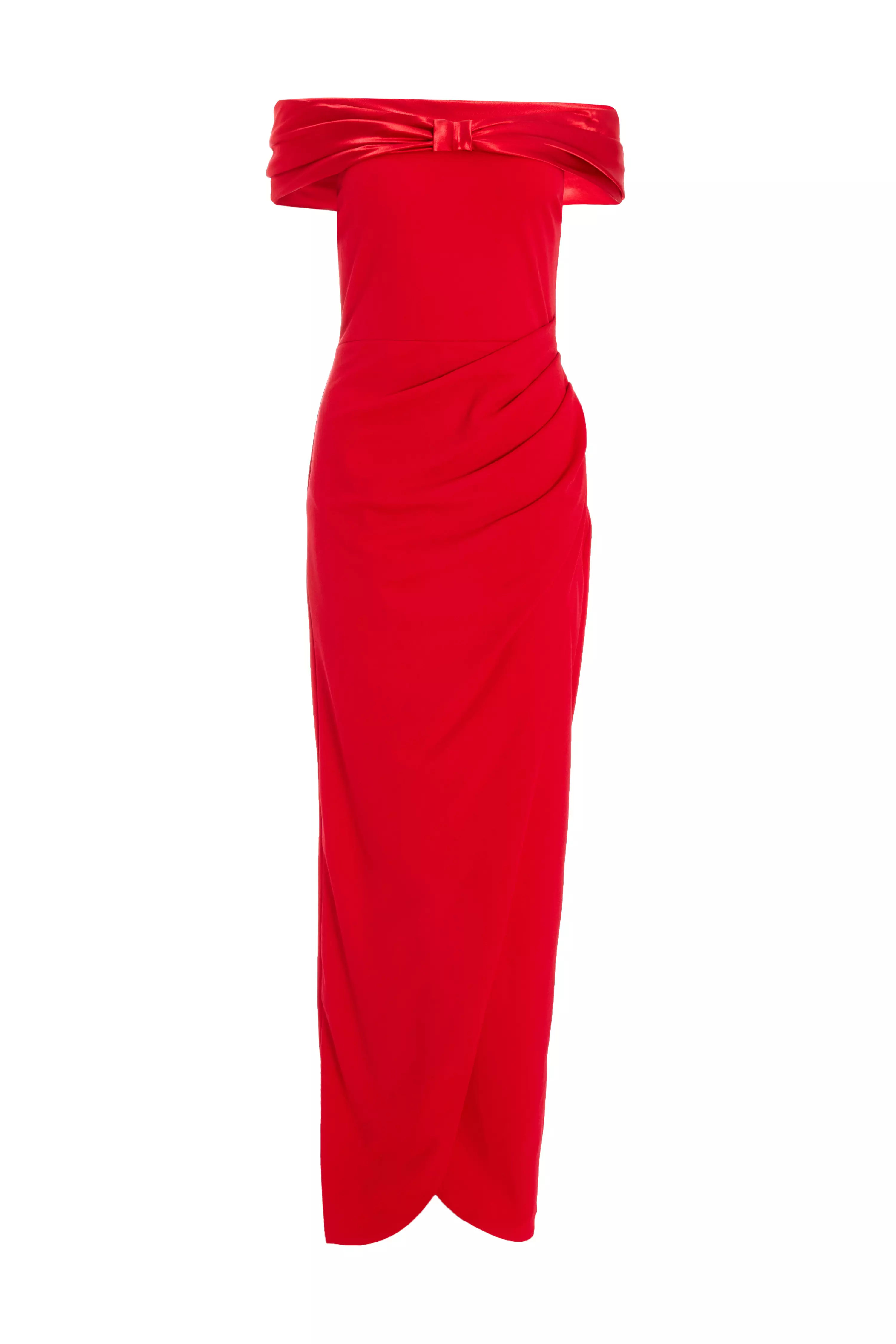 Red Bardot Ruched Maxi Dress