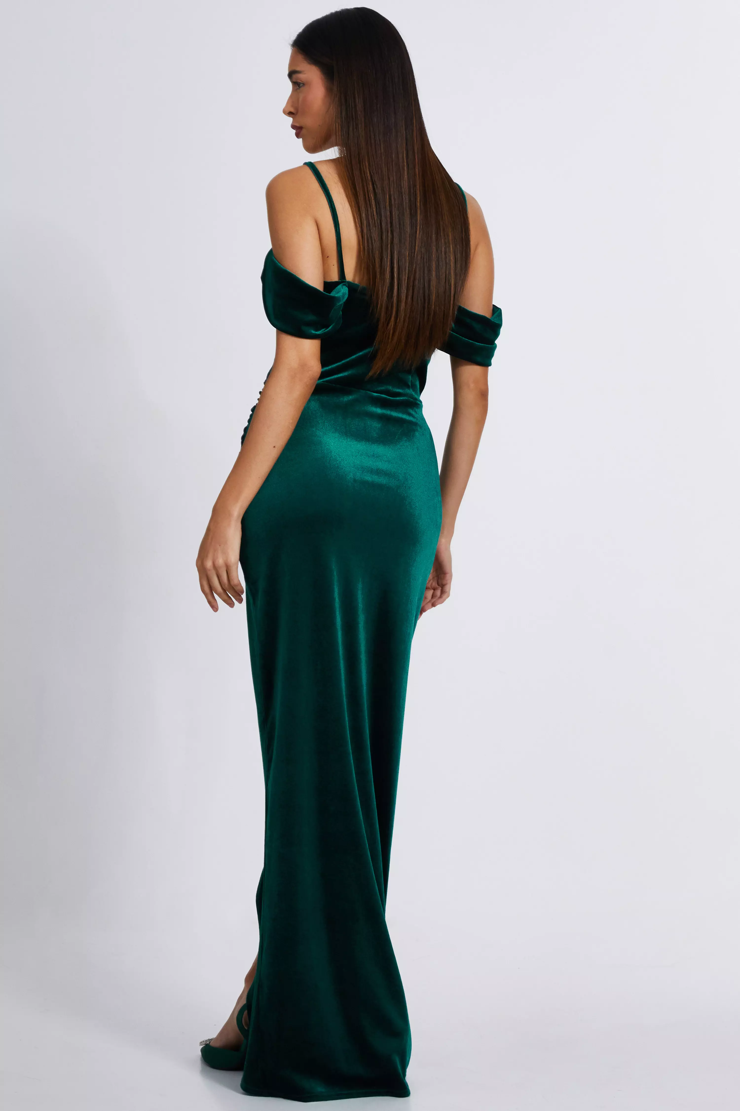 Bottle Green Velvet Cowl Neck Maxi Dress