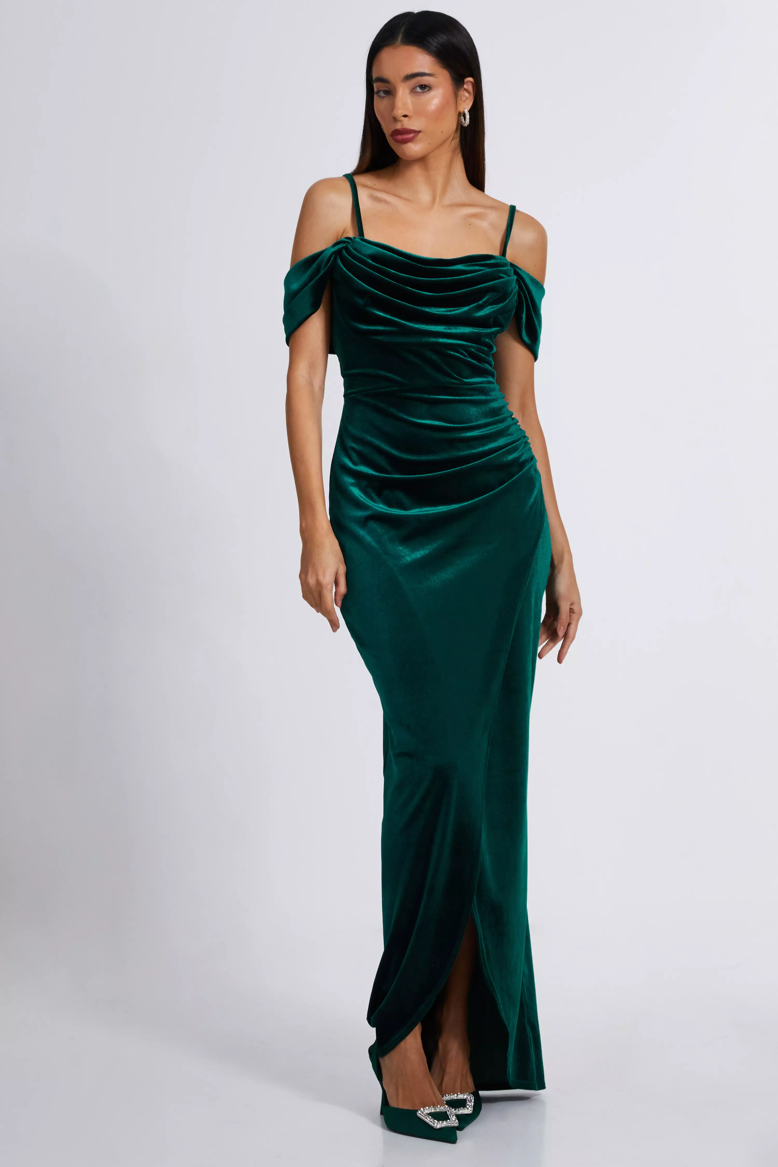 Bottle Green Velvet Cowl Neck Maxi Dress