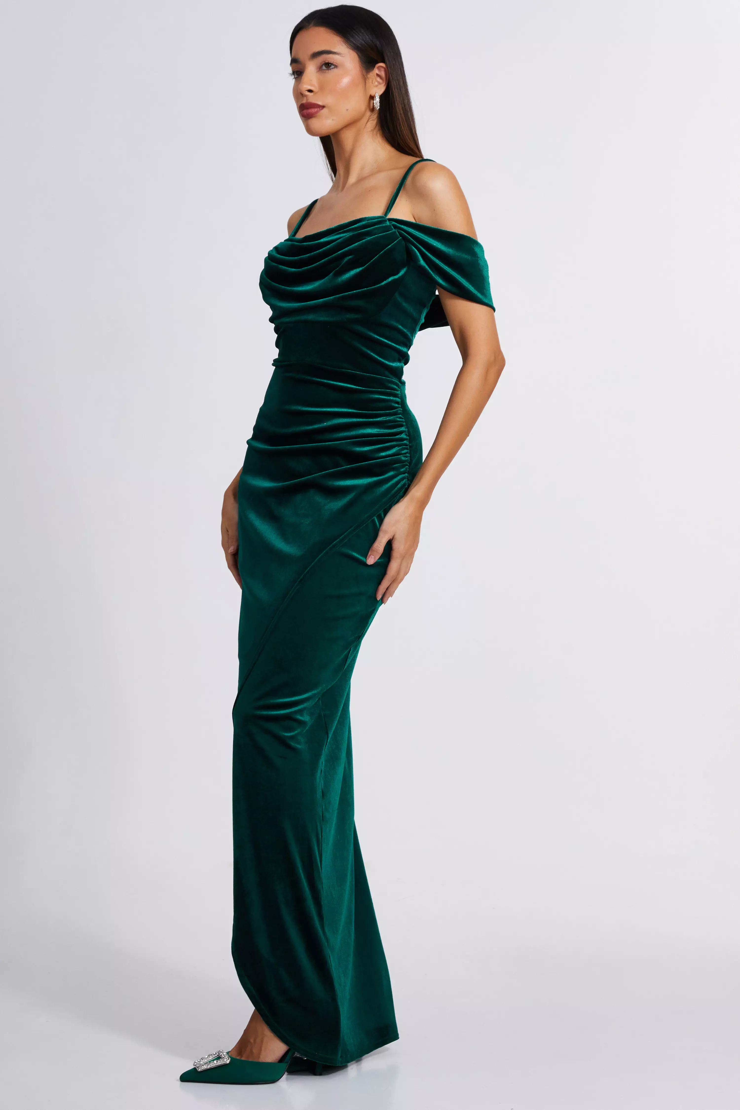 Bottle Green Velvet Cowl Neck Maxi Dress