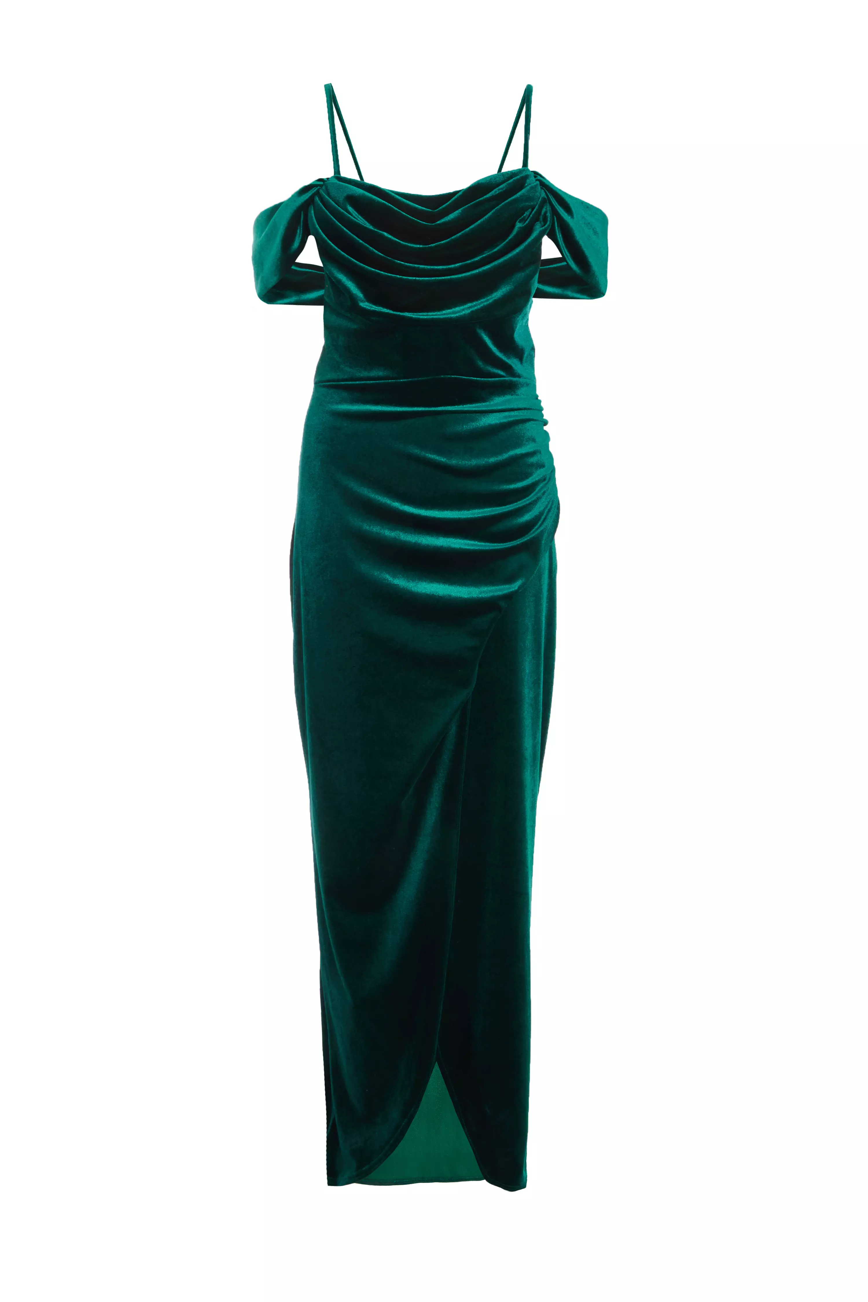 Bottle Green Velvet Cowl Neck Maxi Dress