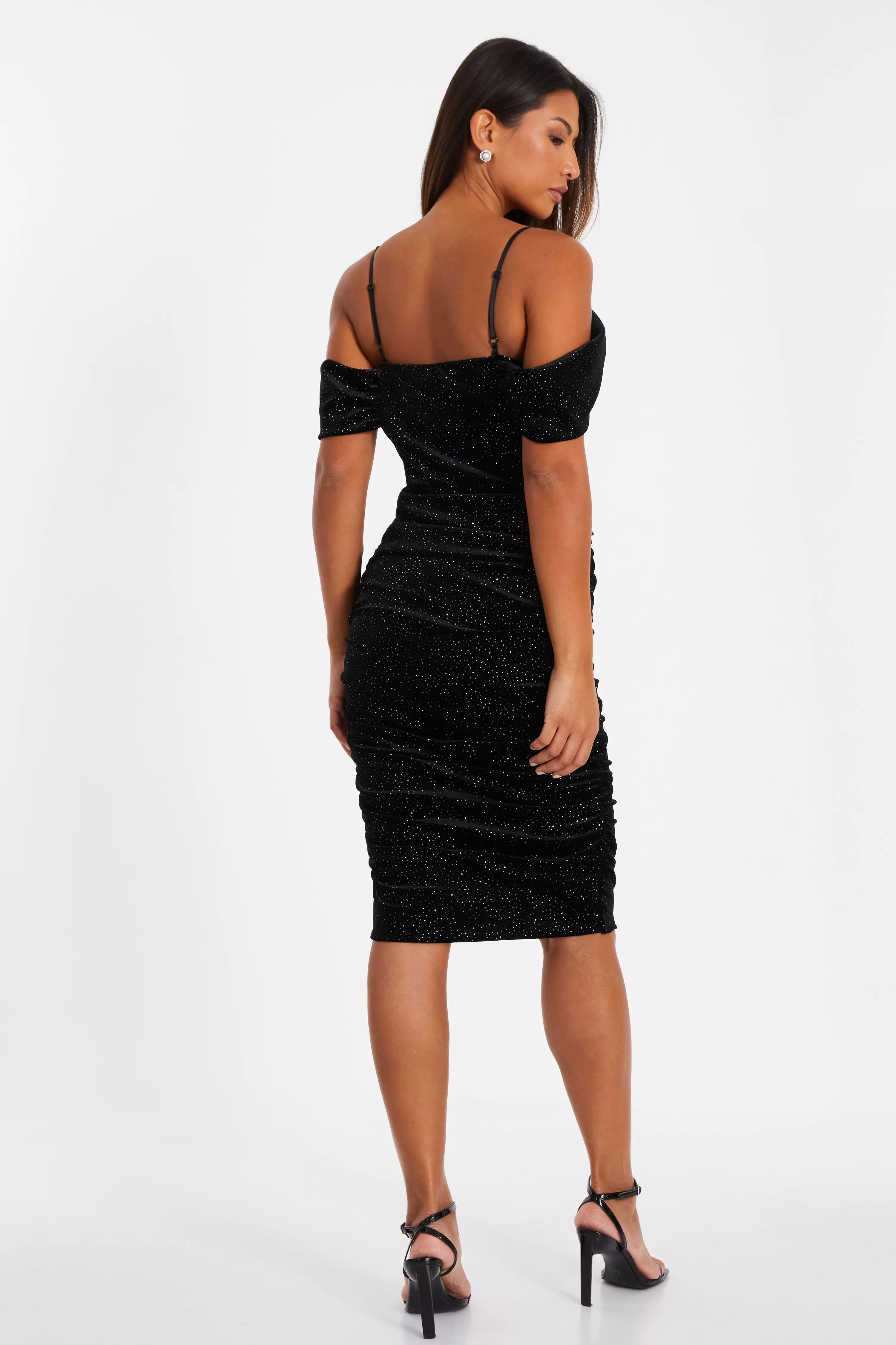 Black Velvet Glitter Cold Shoulder Midi Dress