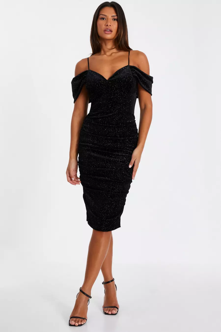 Black Velvet Glitter Cold Shoulder Midi Dress QUIZ Clothing