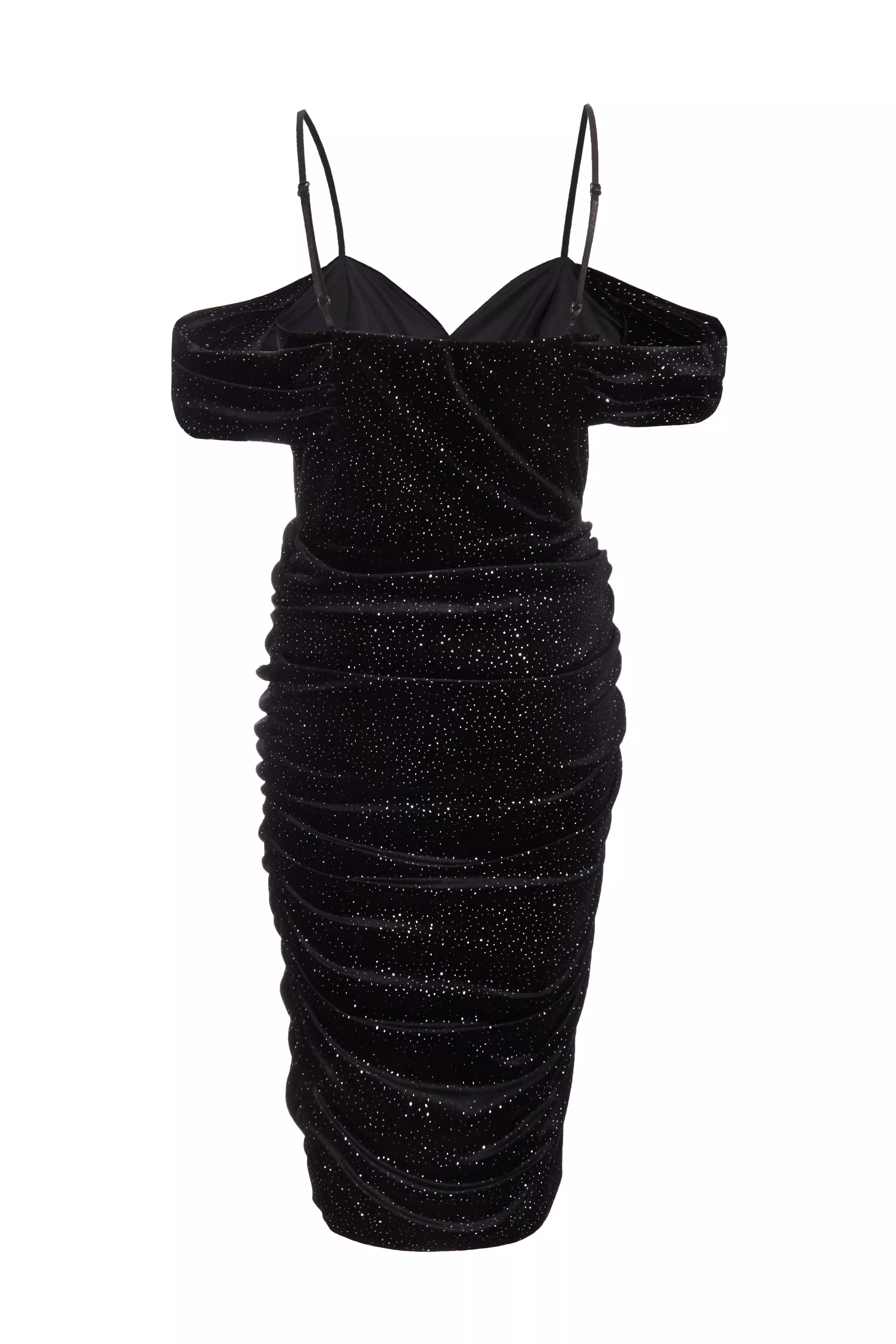 Black Velvet Glitter Cold Shoulder Midi Dress