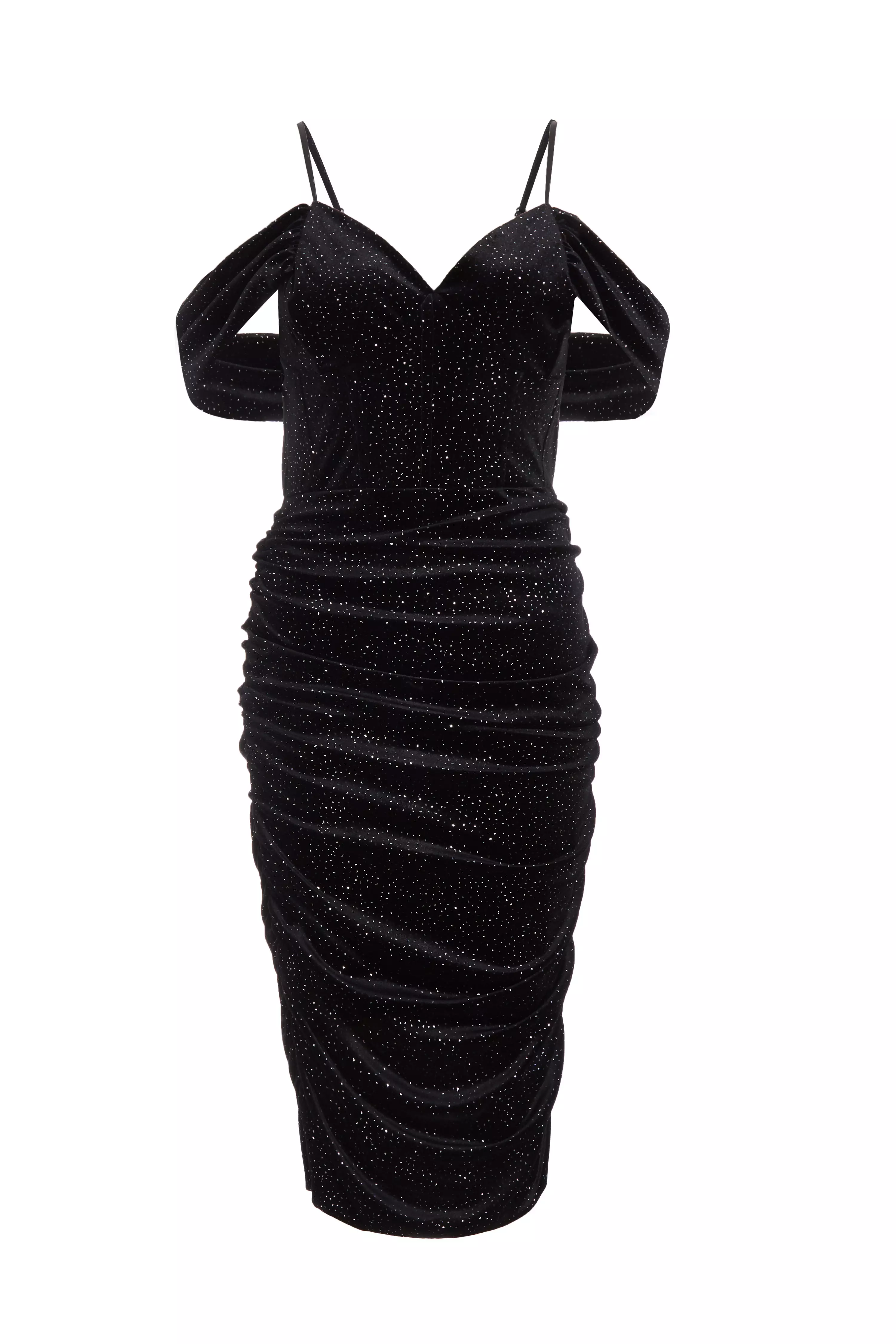 Black Velvet Glitter Cold Shoulder Midi Dress