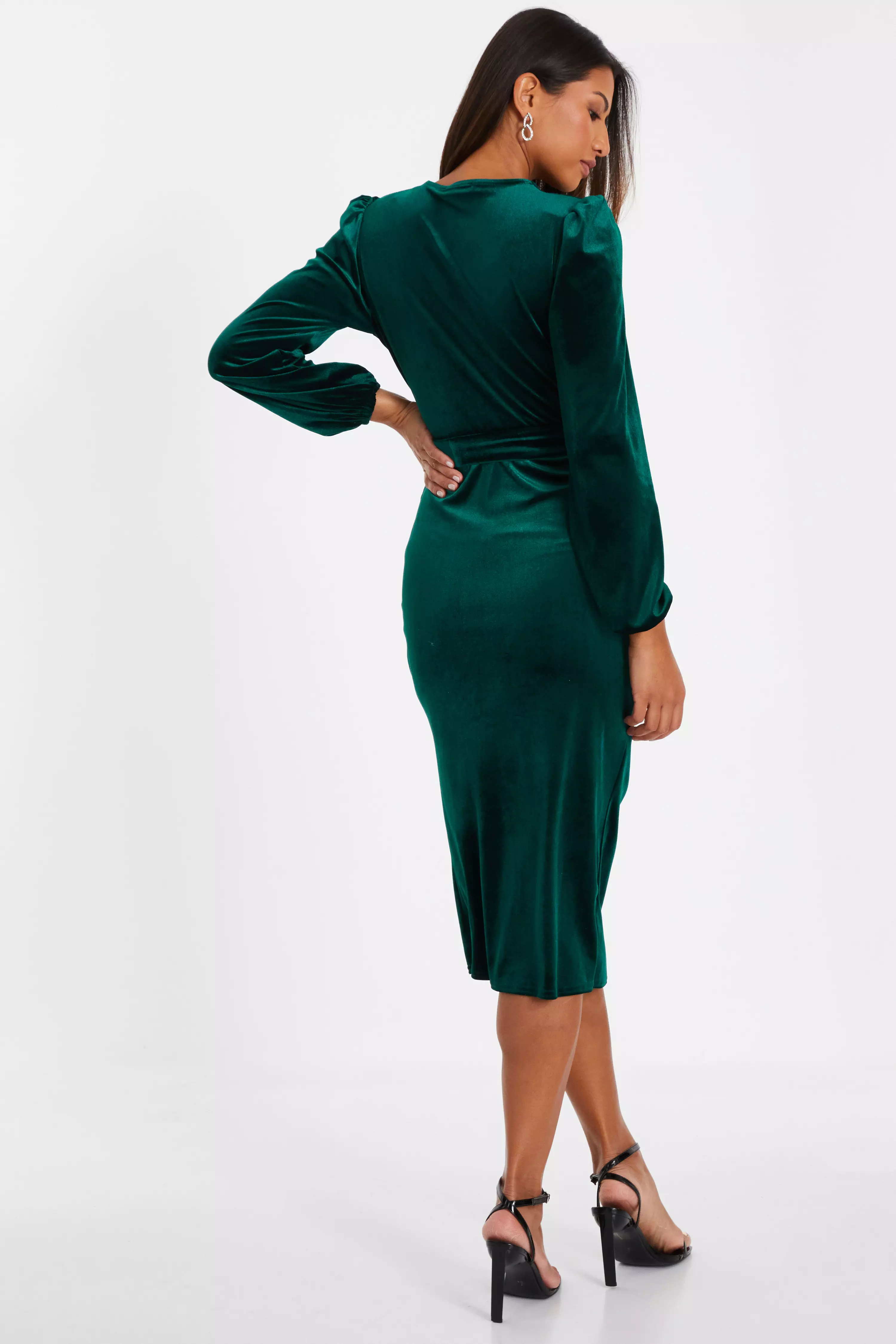 Bottle Green Velvet Ruched Midi Dress