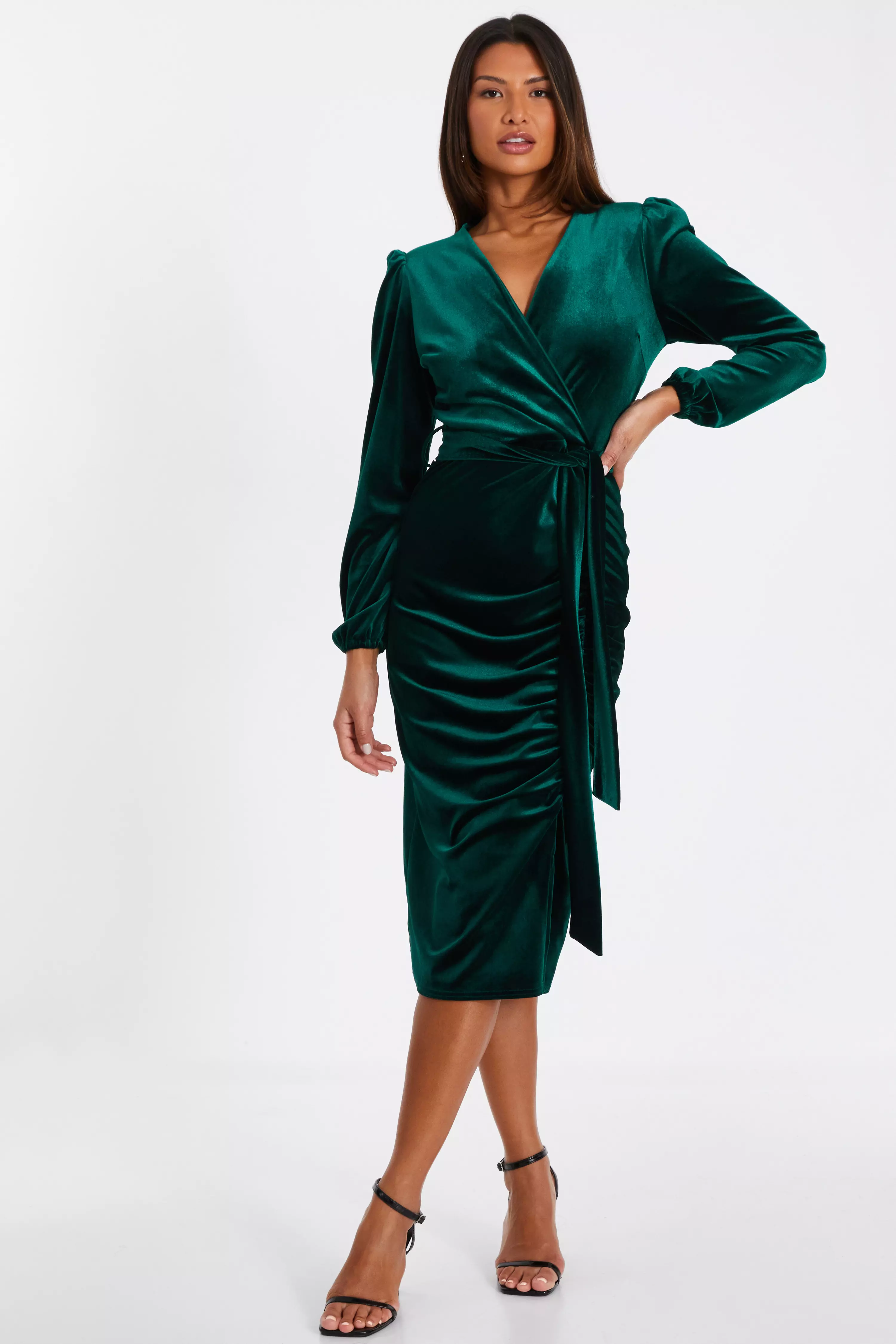 Bottle Green Velvet Ruched Midi Dress