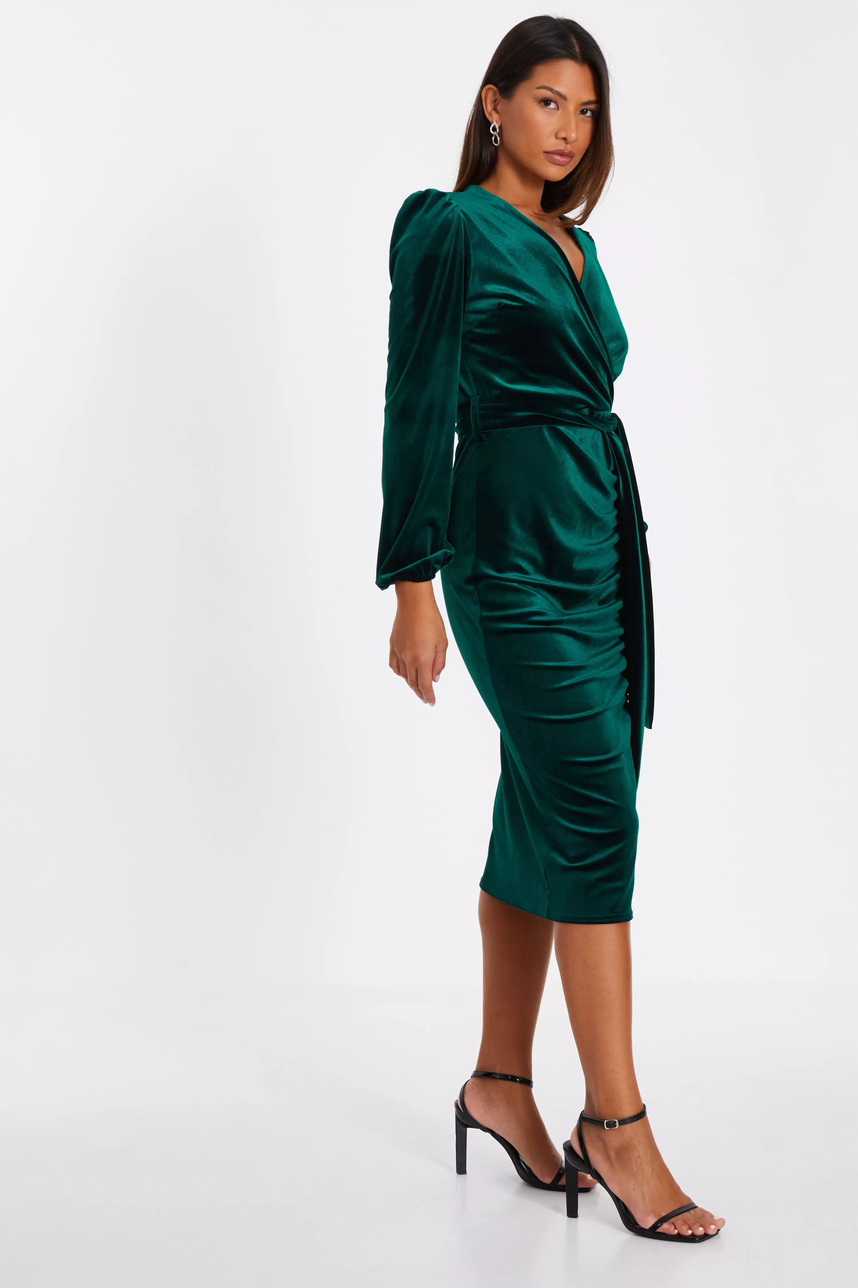 Bottle Green Velvet Ruched Midi Dress