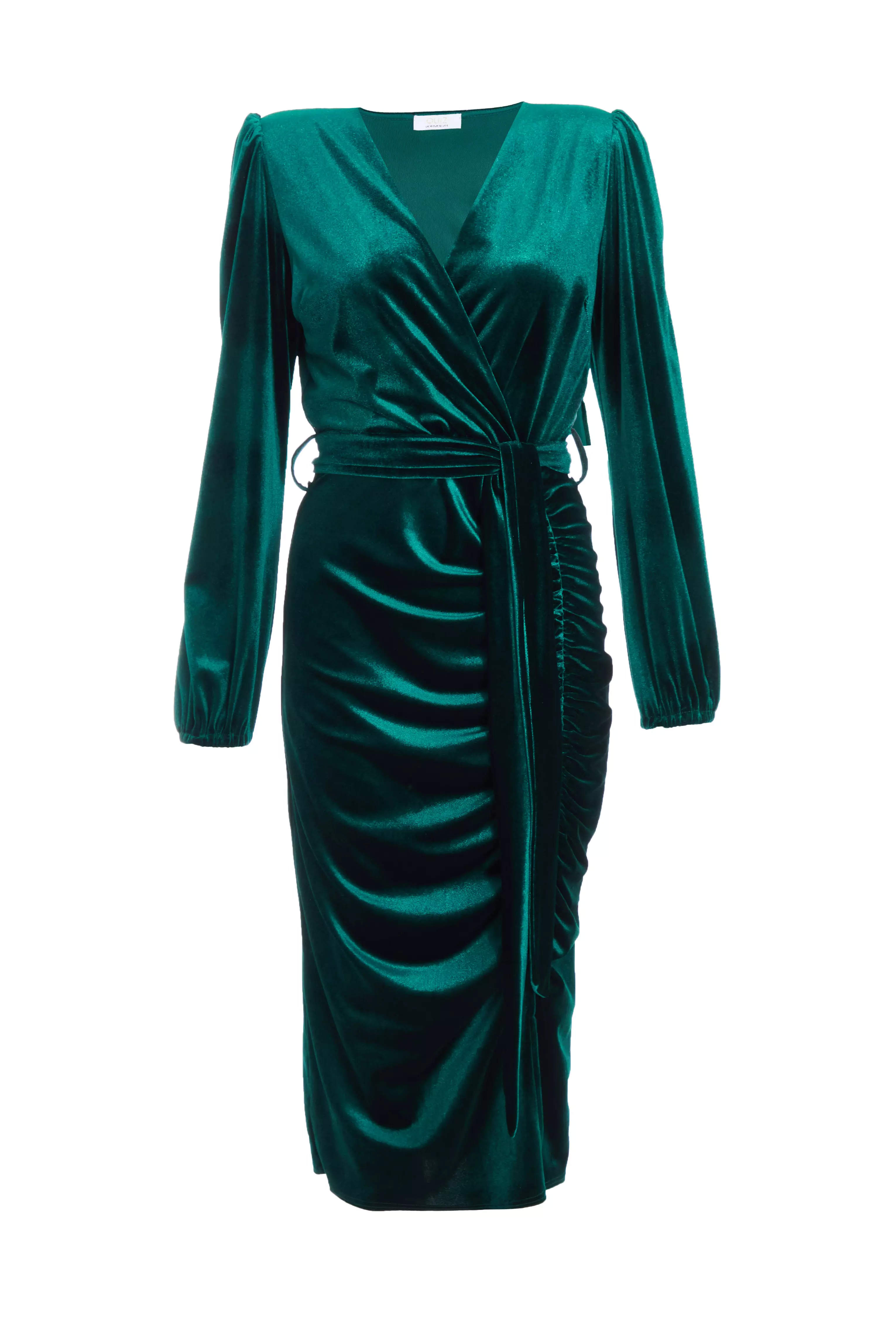 Bottle Green Velvet Ruched Midi Dress