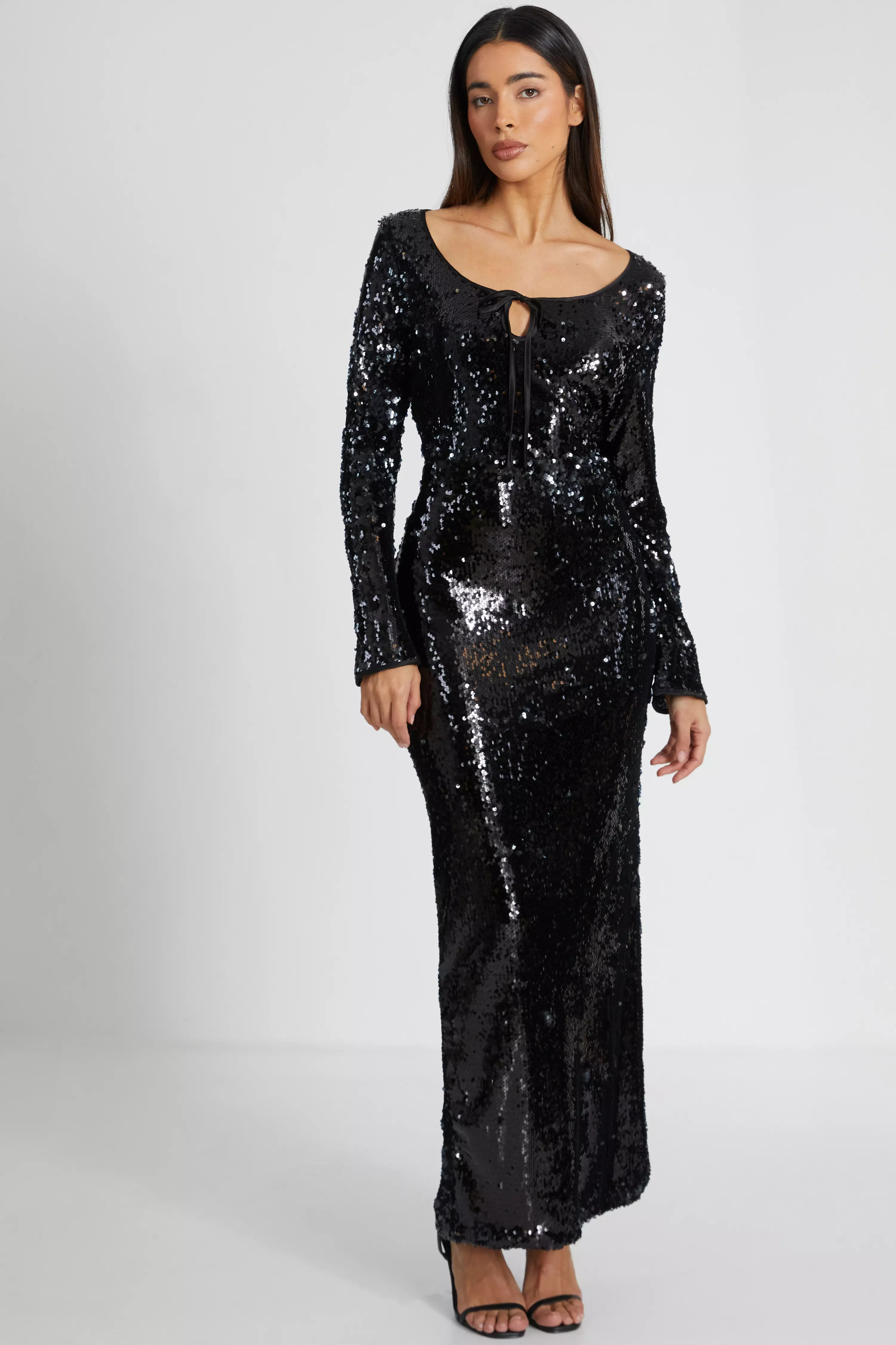 Black Sequin Tie Front Maxi Dress