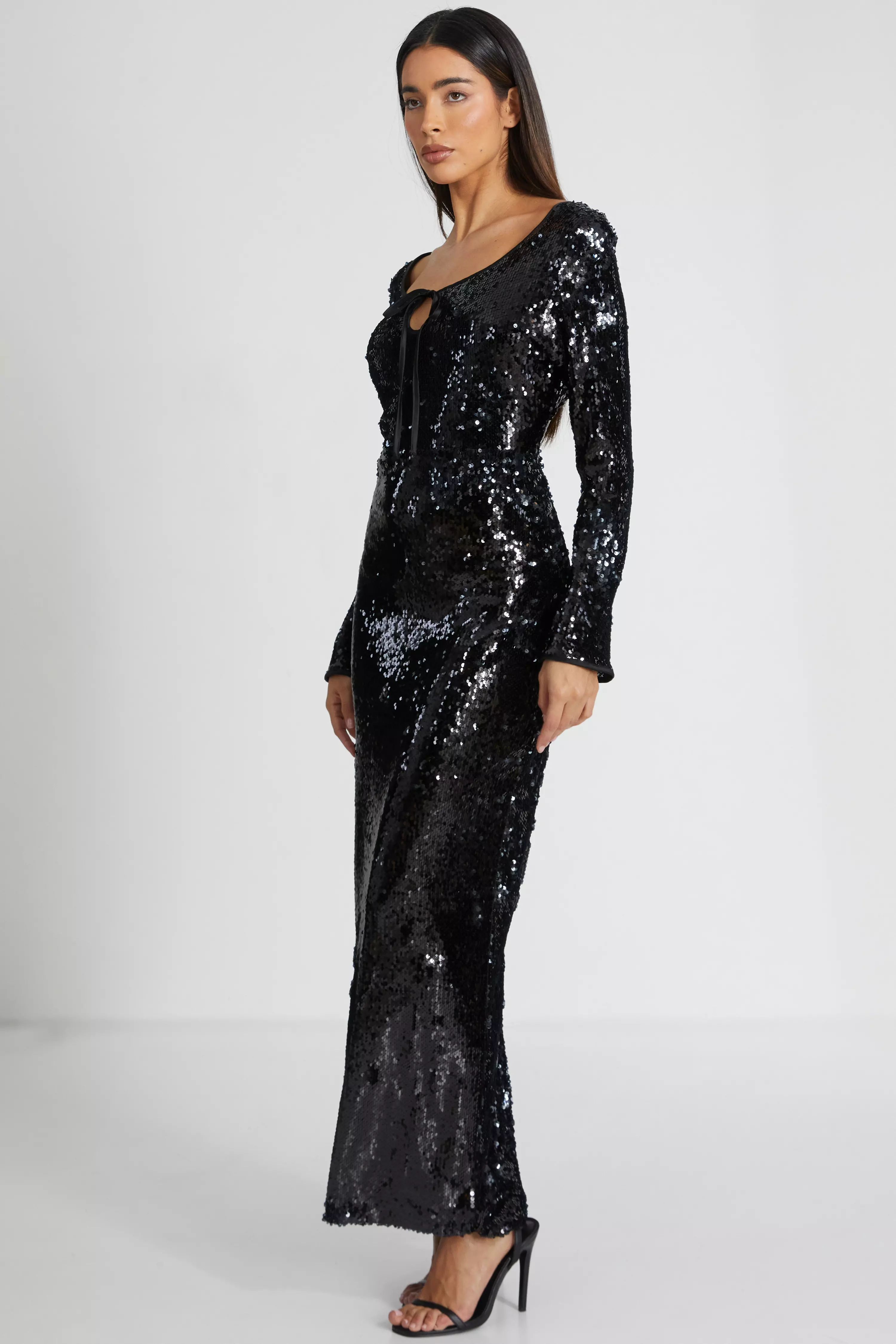 Black Sequin Tie Front Maxi Dress