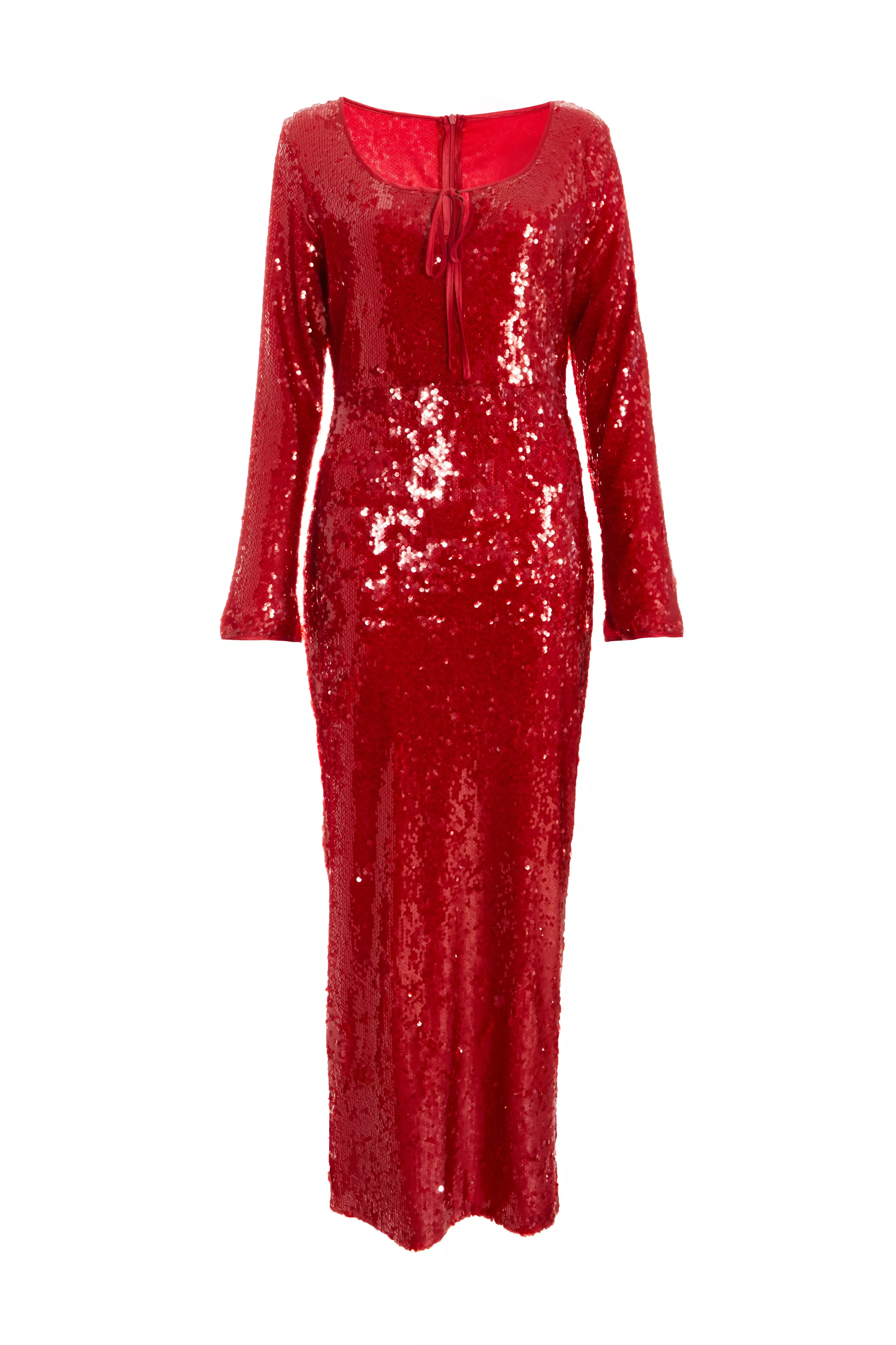 Red Sequin Tie Front Maxi Dress