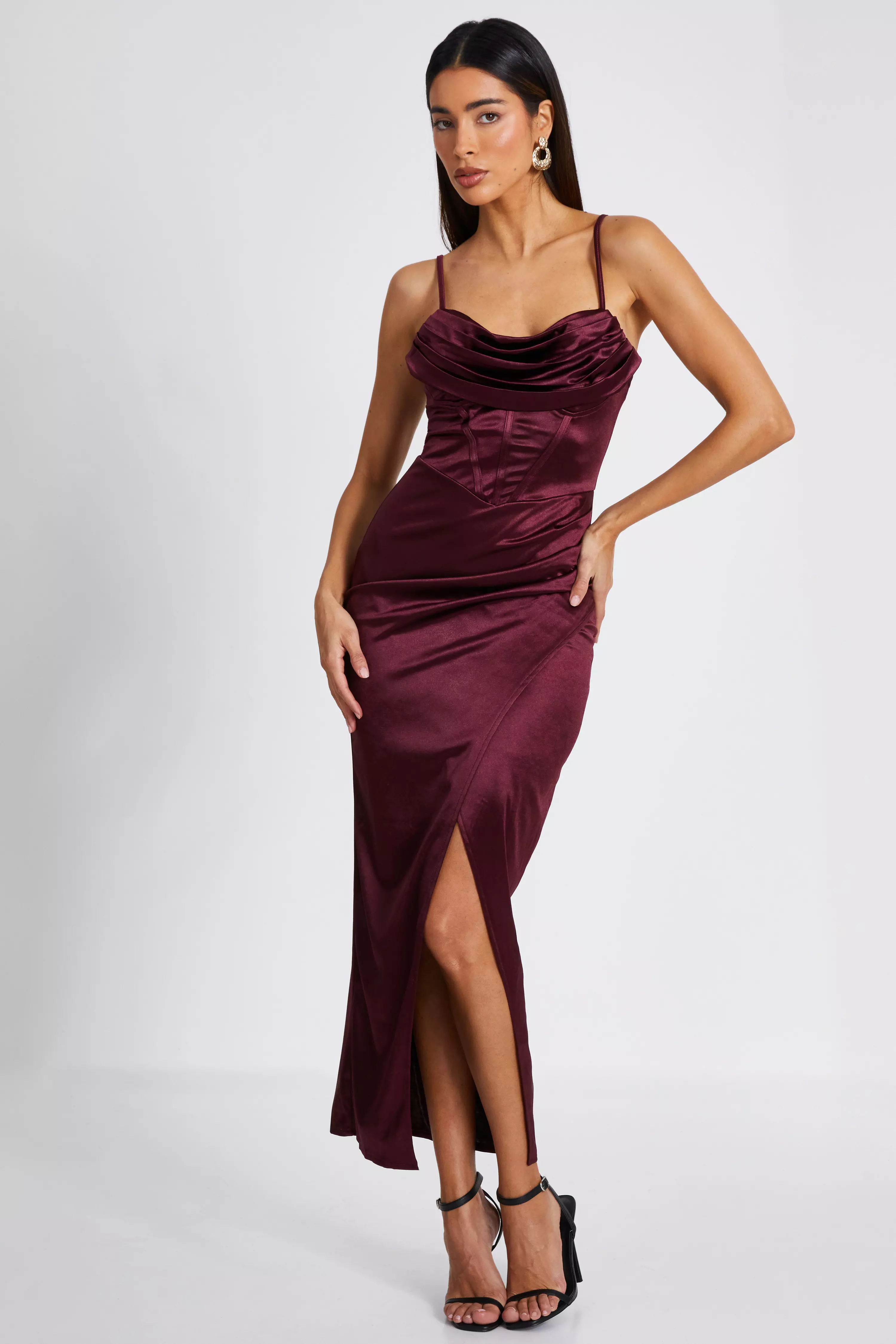 Dark Red Satin Corset Midi Dress